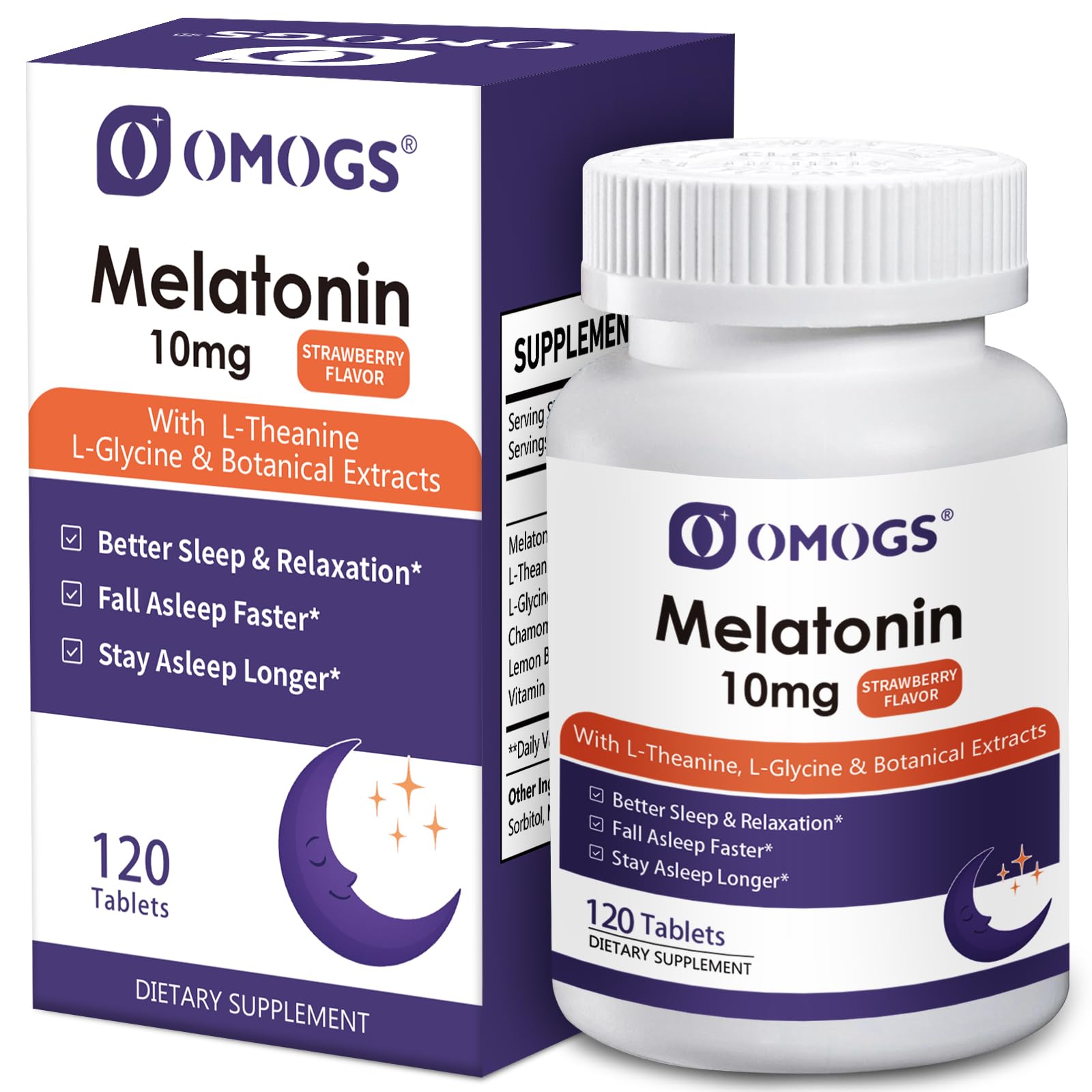 OMOGS Melatonin 10mg Tablets front view with packaging