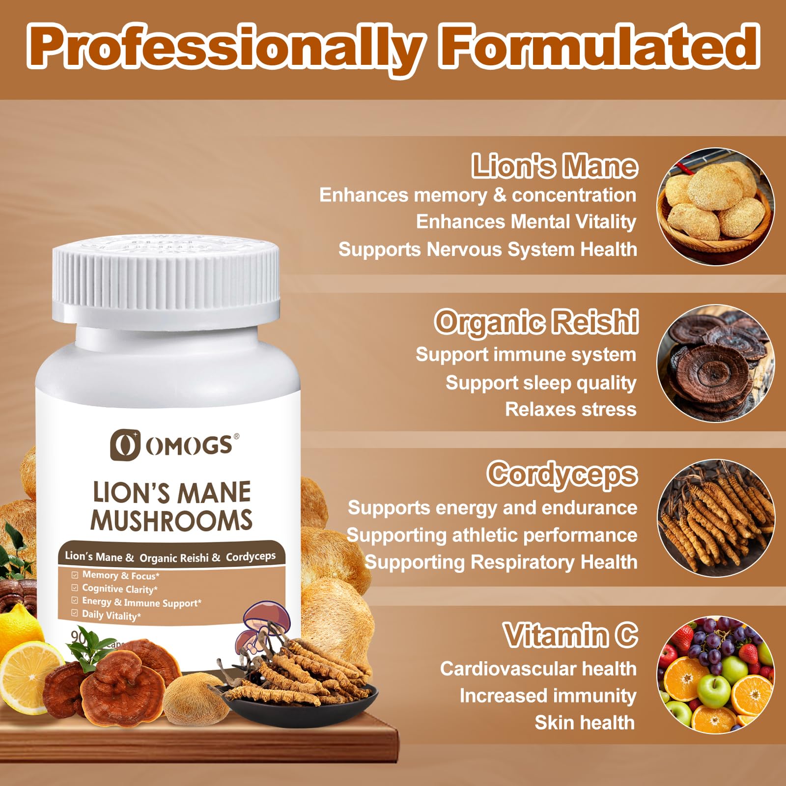 OMOGS Mushroom Supplement Blend capsules close-up