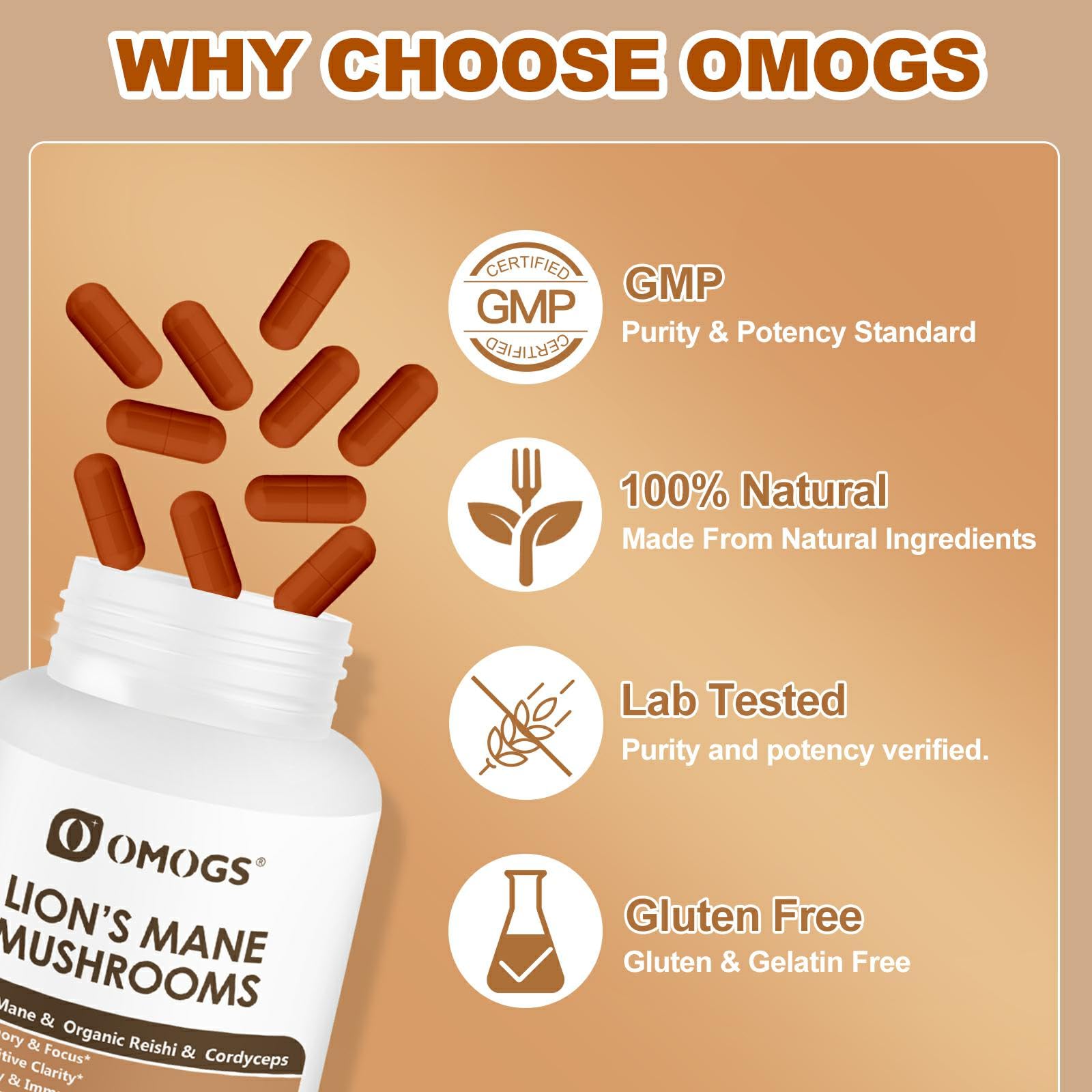 OMOGS Mushroom Supplement Blend on a wooden table