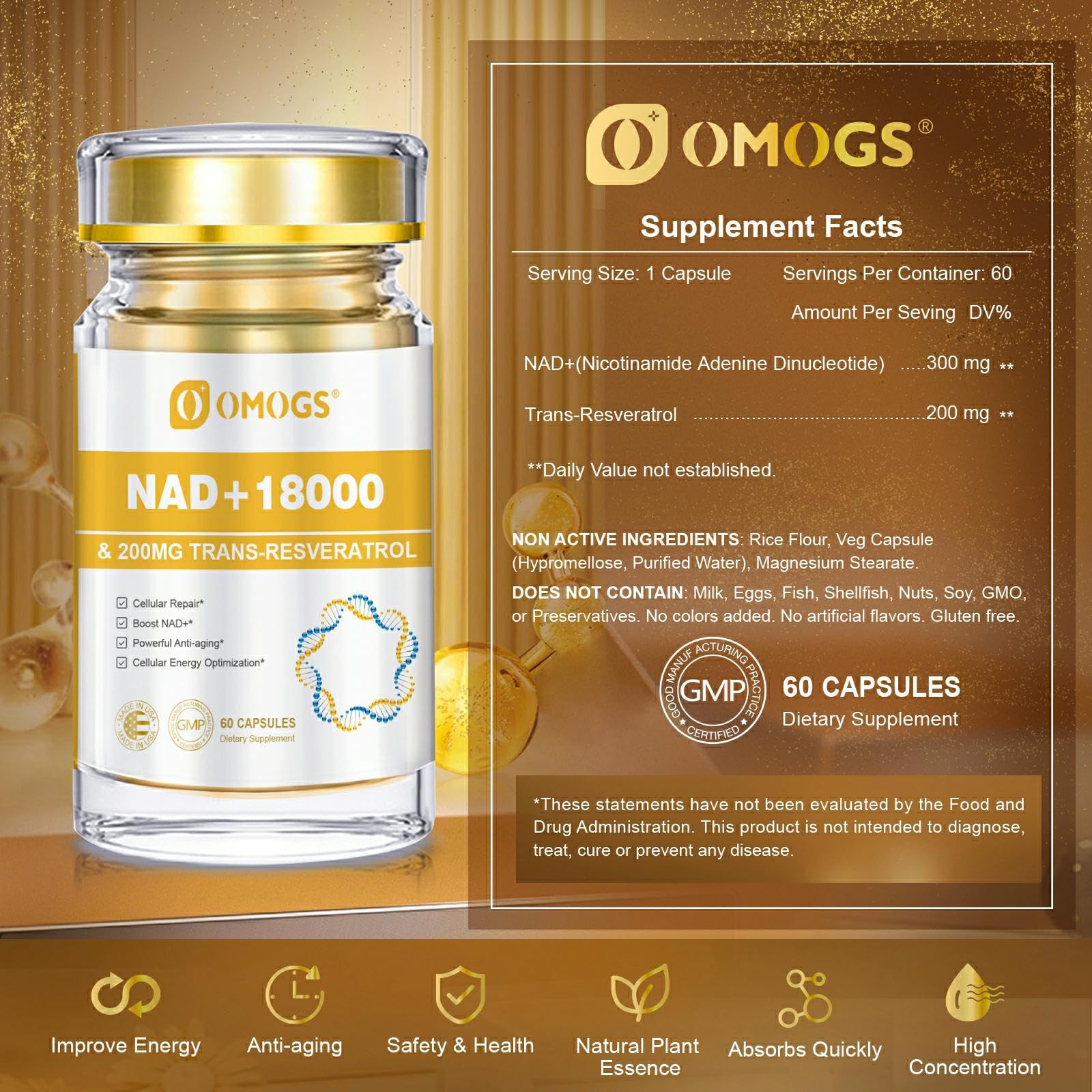OMOGS NAD+ Supplement bottle side view