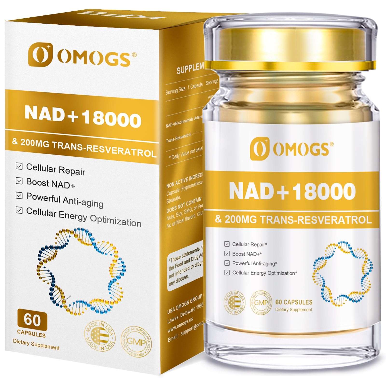 OMOGS NAD+ Supplement with Trans-Resveratrol front view