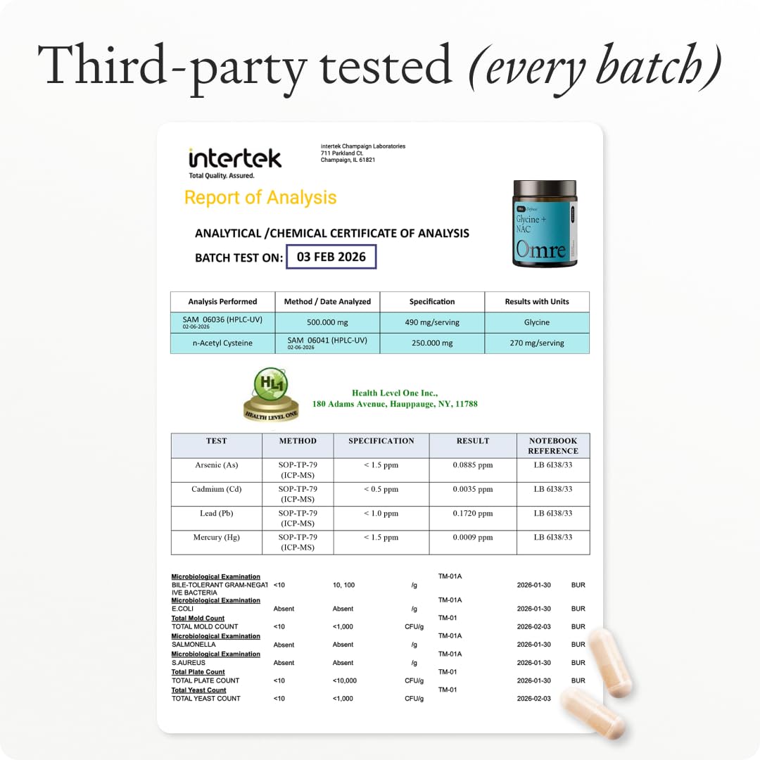 OMRE N-Acetyl Cysteine & Glycine supplement on a kitchen counter