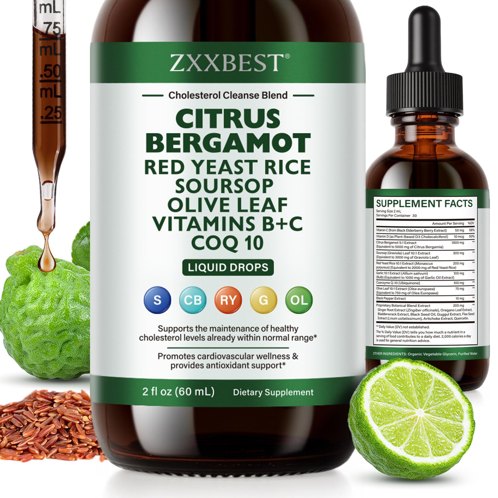 OMZOK Red Yeast Rice Liquid Supplement front view with dropper
