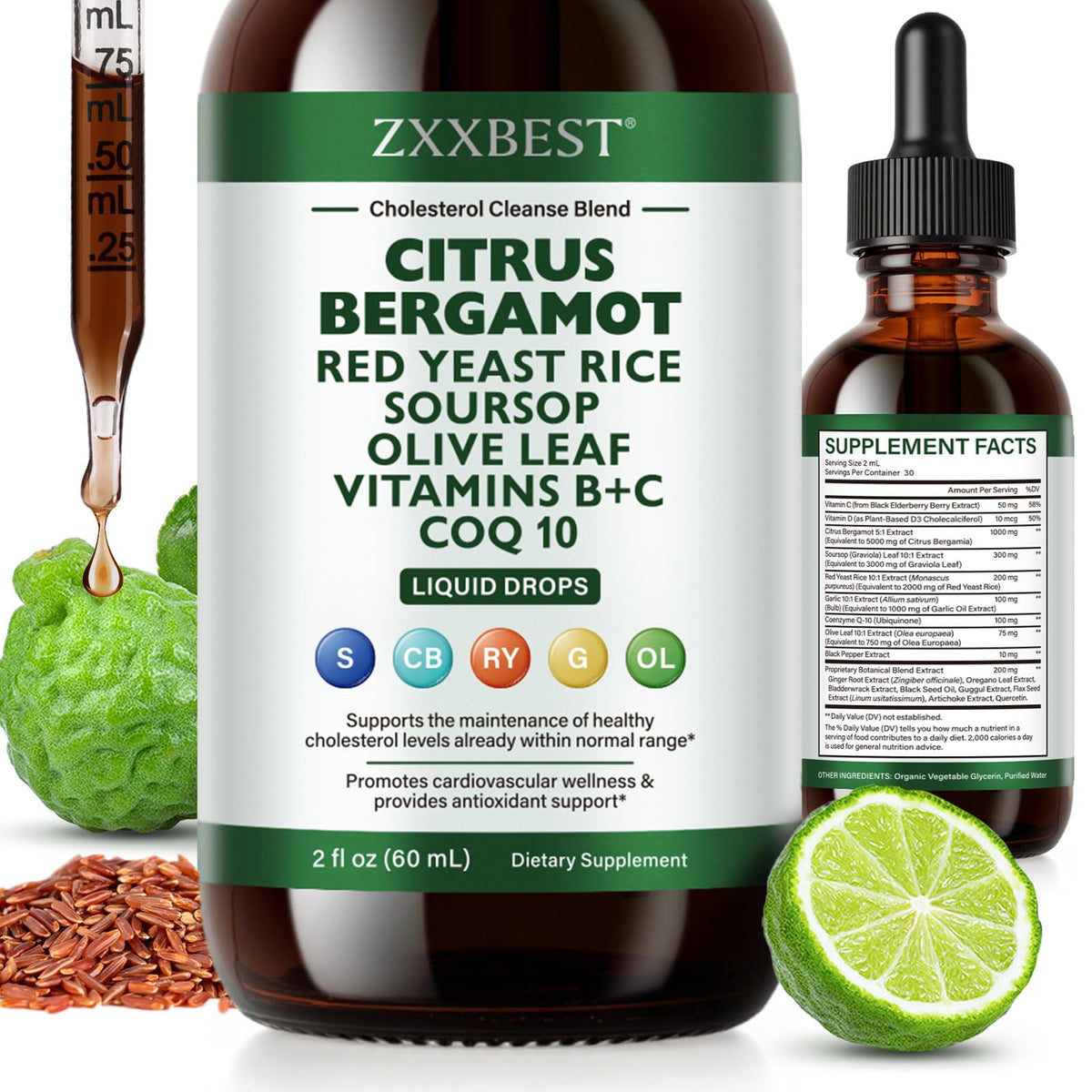 OMZOK Red Yeast Rice Liquid Supplement front view with dropper