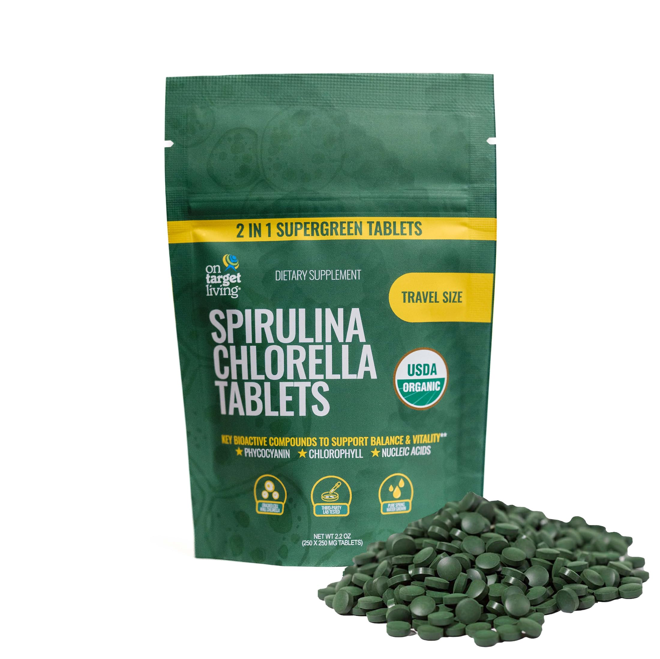 On Target Living Chlorella Spirulina Tablets front view