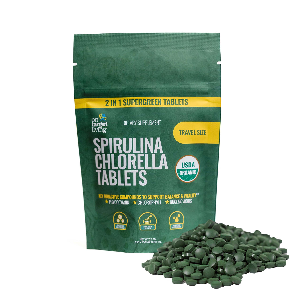 On Target Living Chlorella Spirulina Tablets front view
