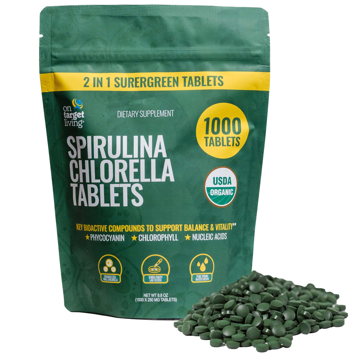 On Target Living Chlorella Spirulina Tablets front view