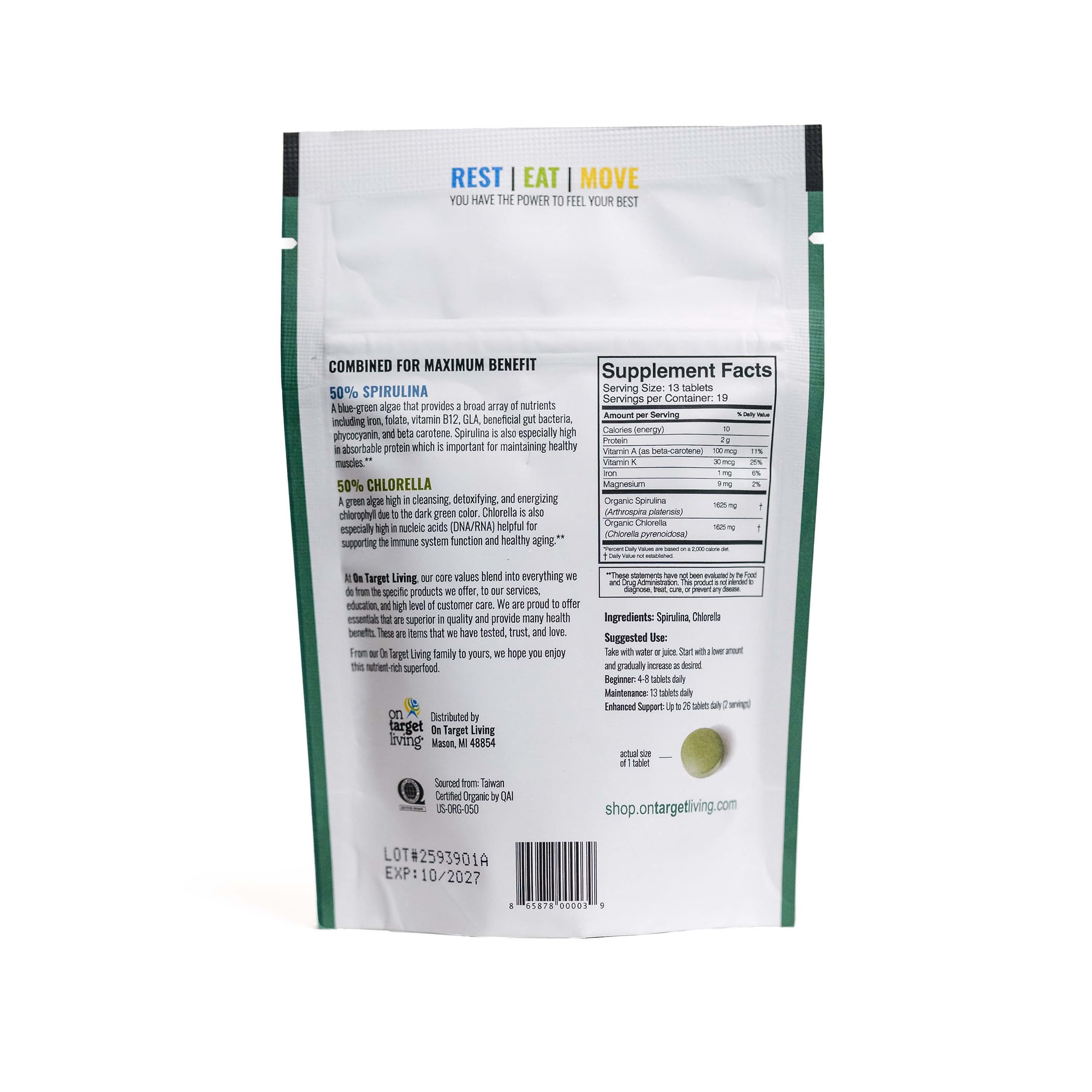 On Target Living Chlorella Spirulina Tablets with a measuring spoon