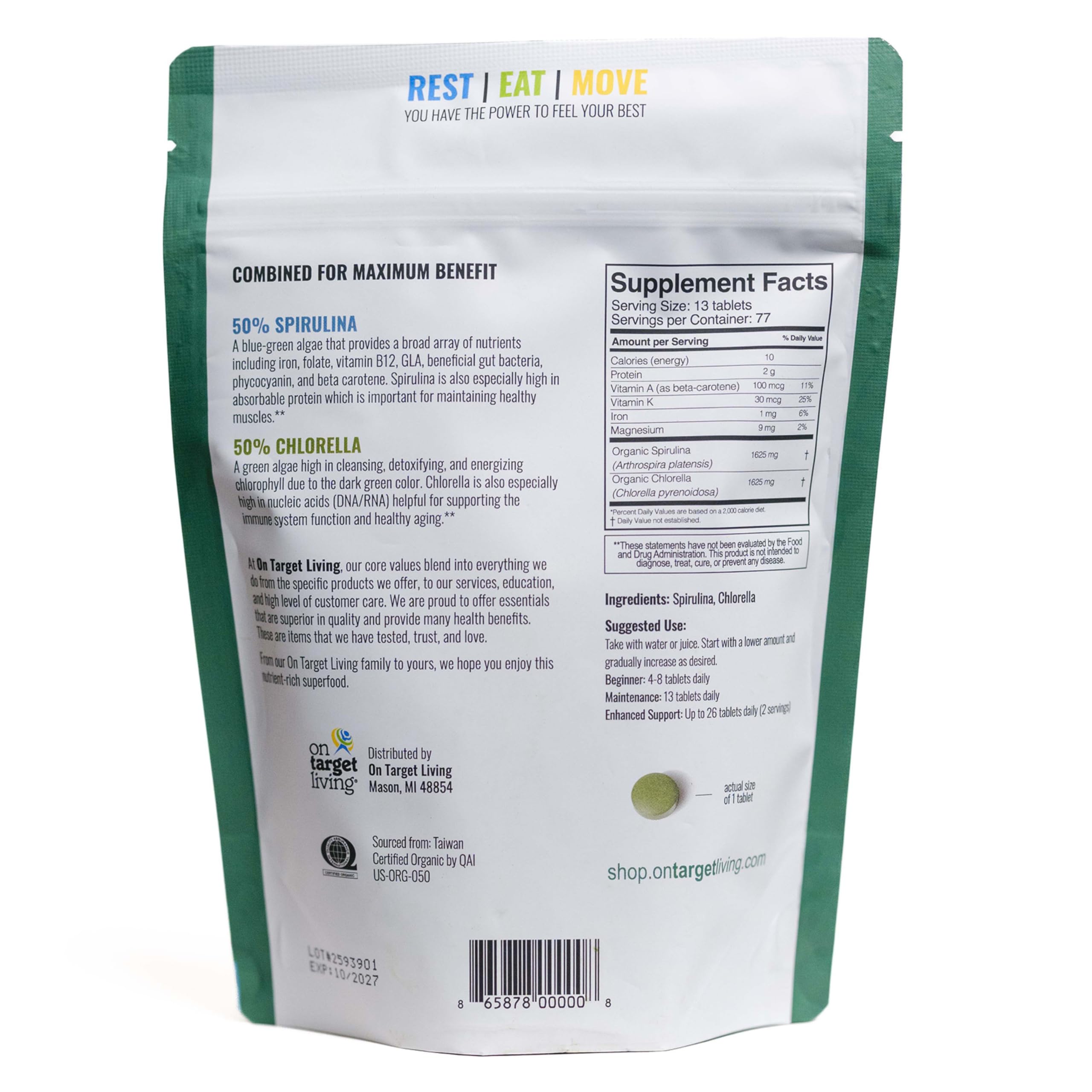 On Target Living Chlorella Spirulina Tablets with fresh water background