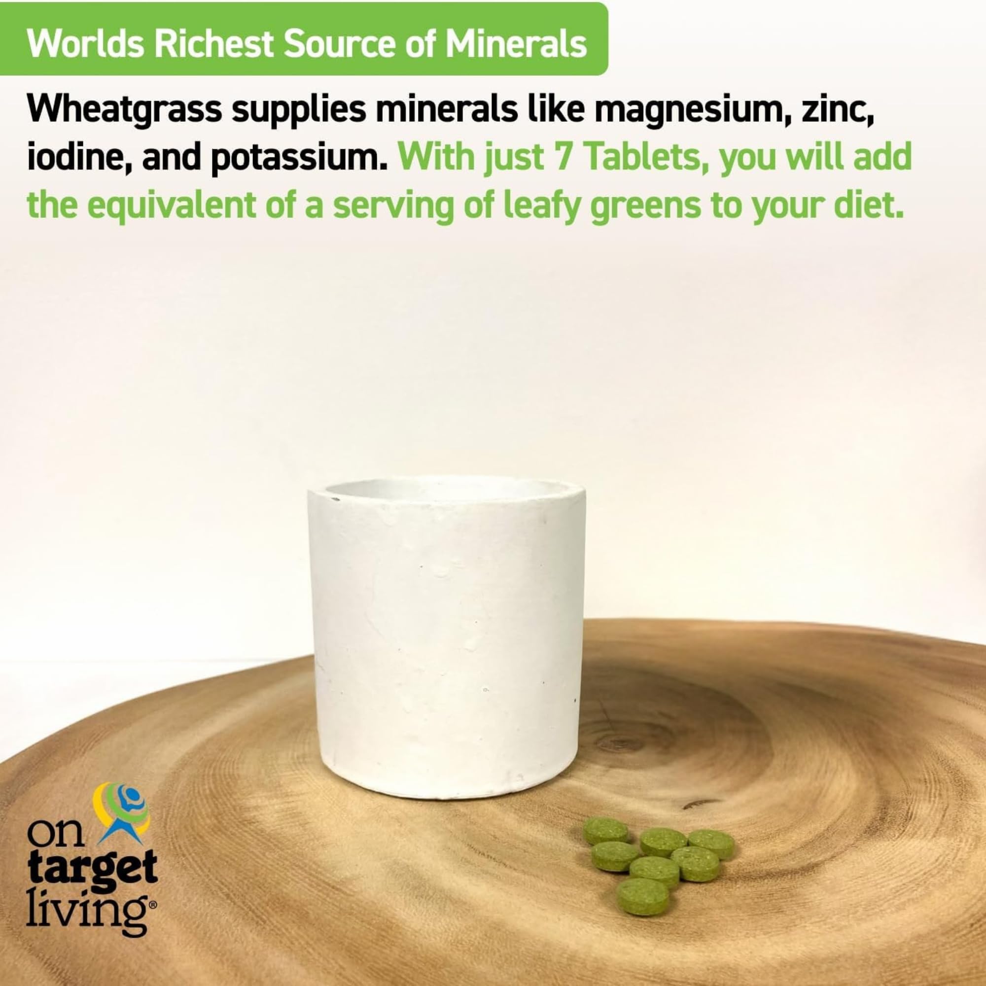 On Target Living Organic Wheatgrass Tablets displayed with leafy greens
