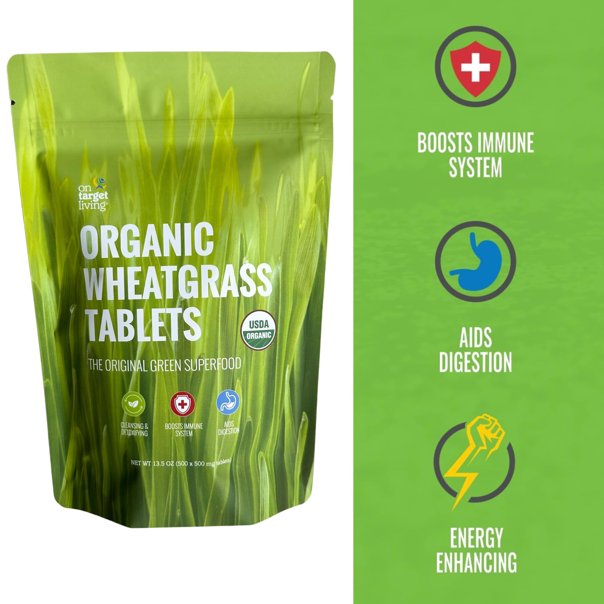 On Target Living Organic Wheatgrass Tablets packaging side view