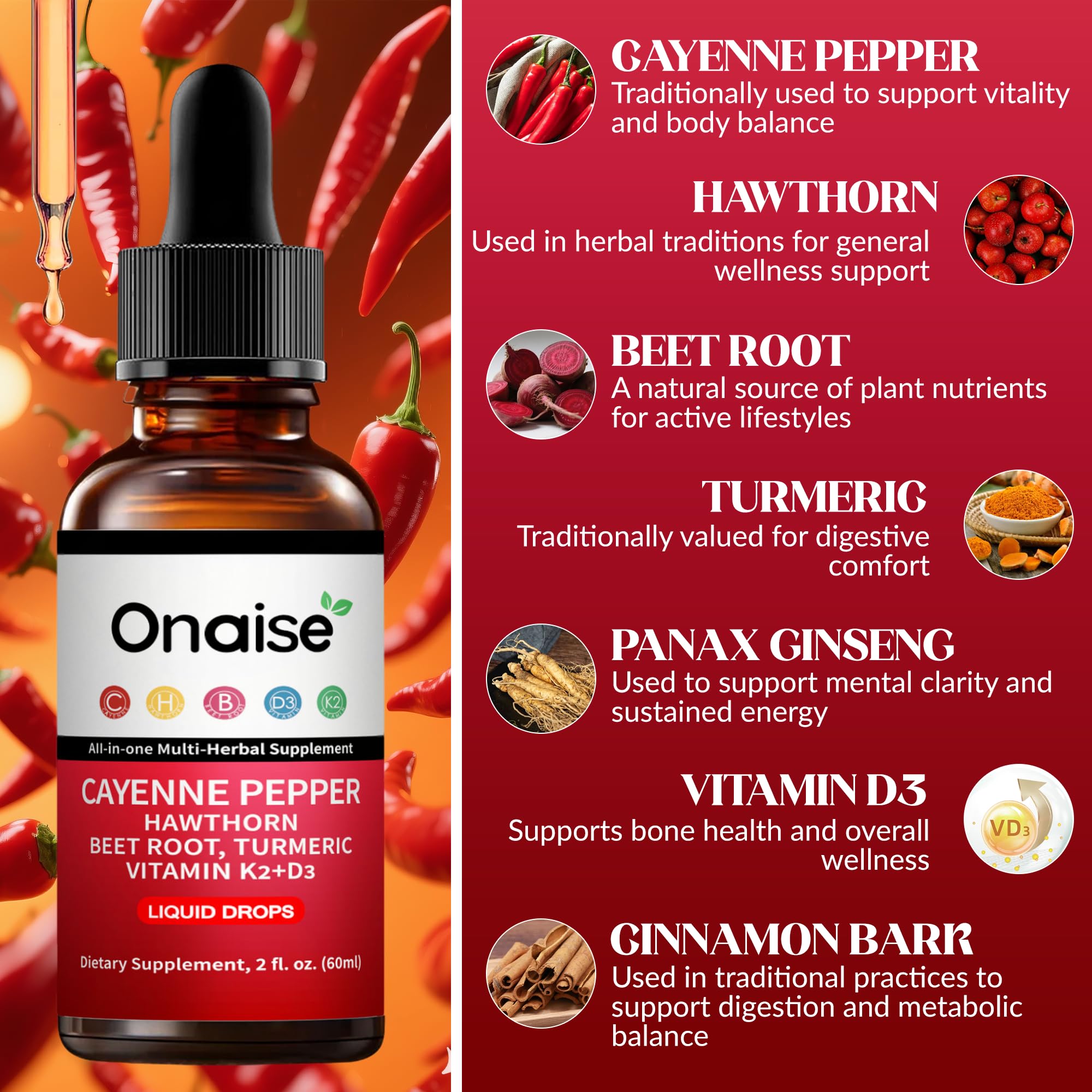 ONAISÉ Cayenne Pepper Liquid Drops 30ml with ingredients list