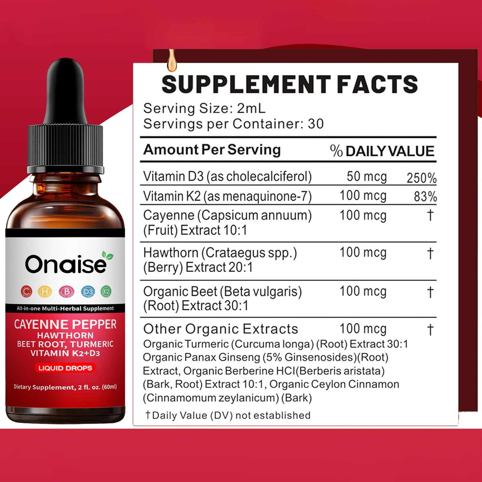 ONAISE Liquid Herbal Supplement side view with dropper