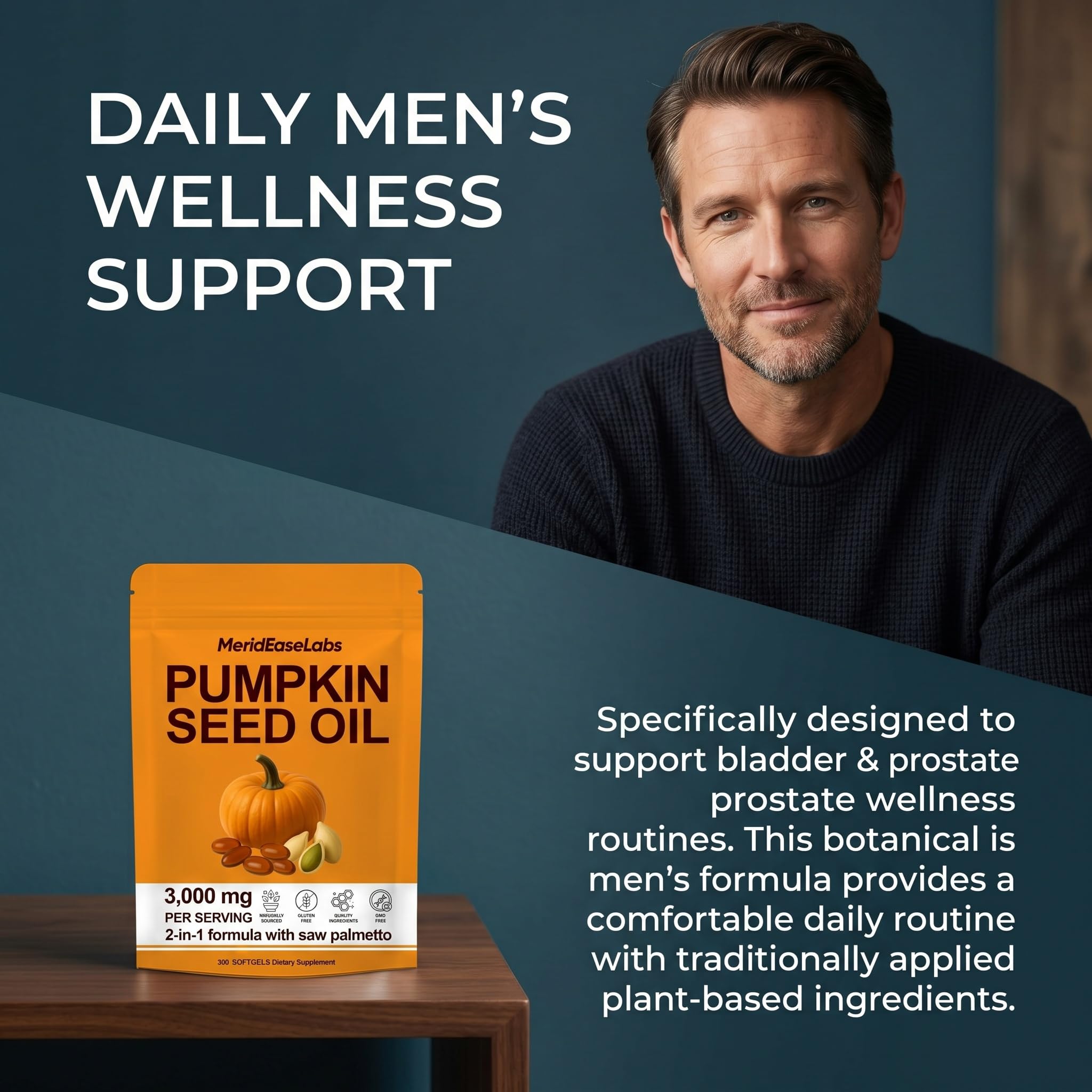 ONAISÉ Pumpkin Seed Oil & Saw Palmetto 300 Softgels on a table