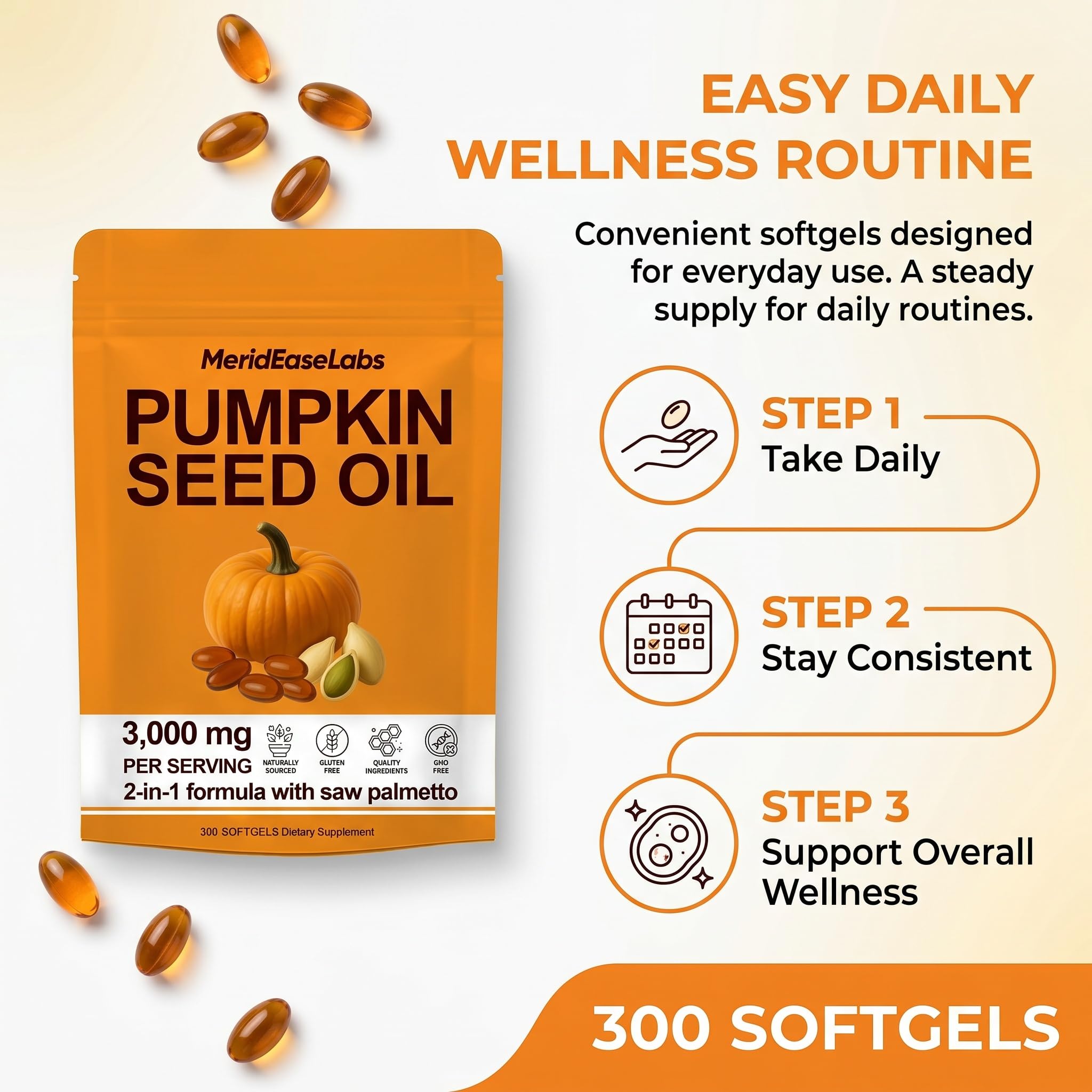 ONAISÉ Pumpkin Seed Oil & Saw Palmetto 300 Softgels with a measuring spoon