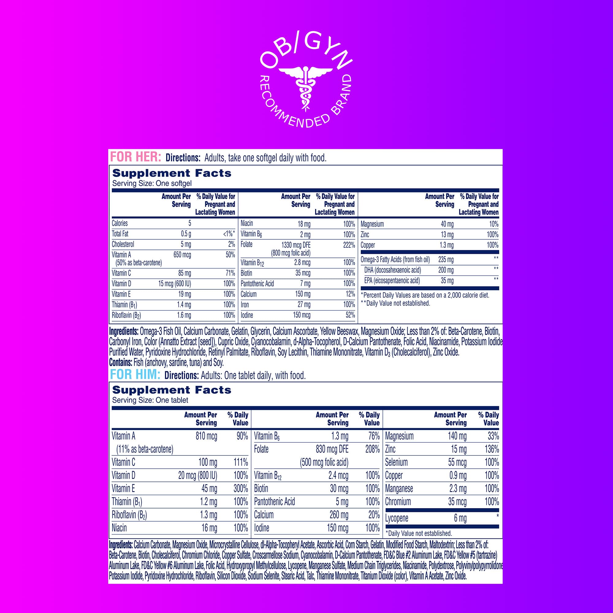 ONE A DAY couple's pack nutritional information on back