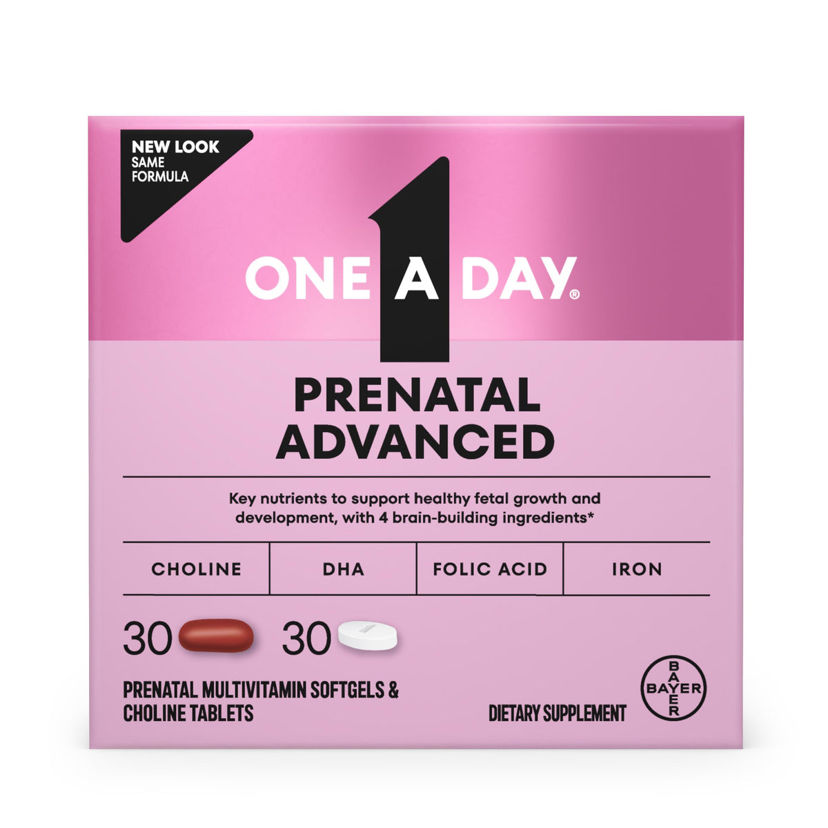 ONE A DAY Prenatal Advanced Multivitamin front view with softgel and tablet