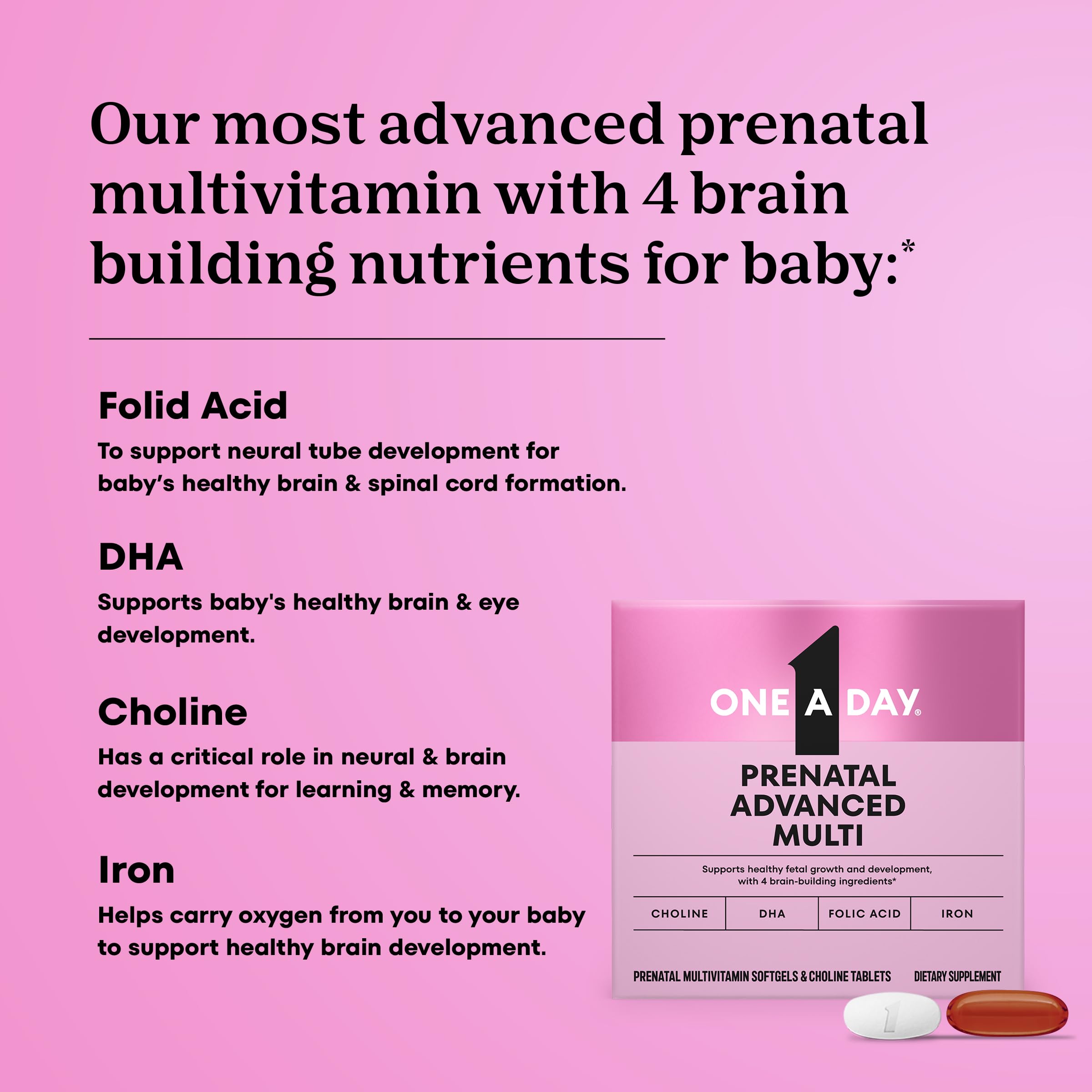 ONE A DAY Prenatal Advanced Multivitamin softgel and tablet on a white background