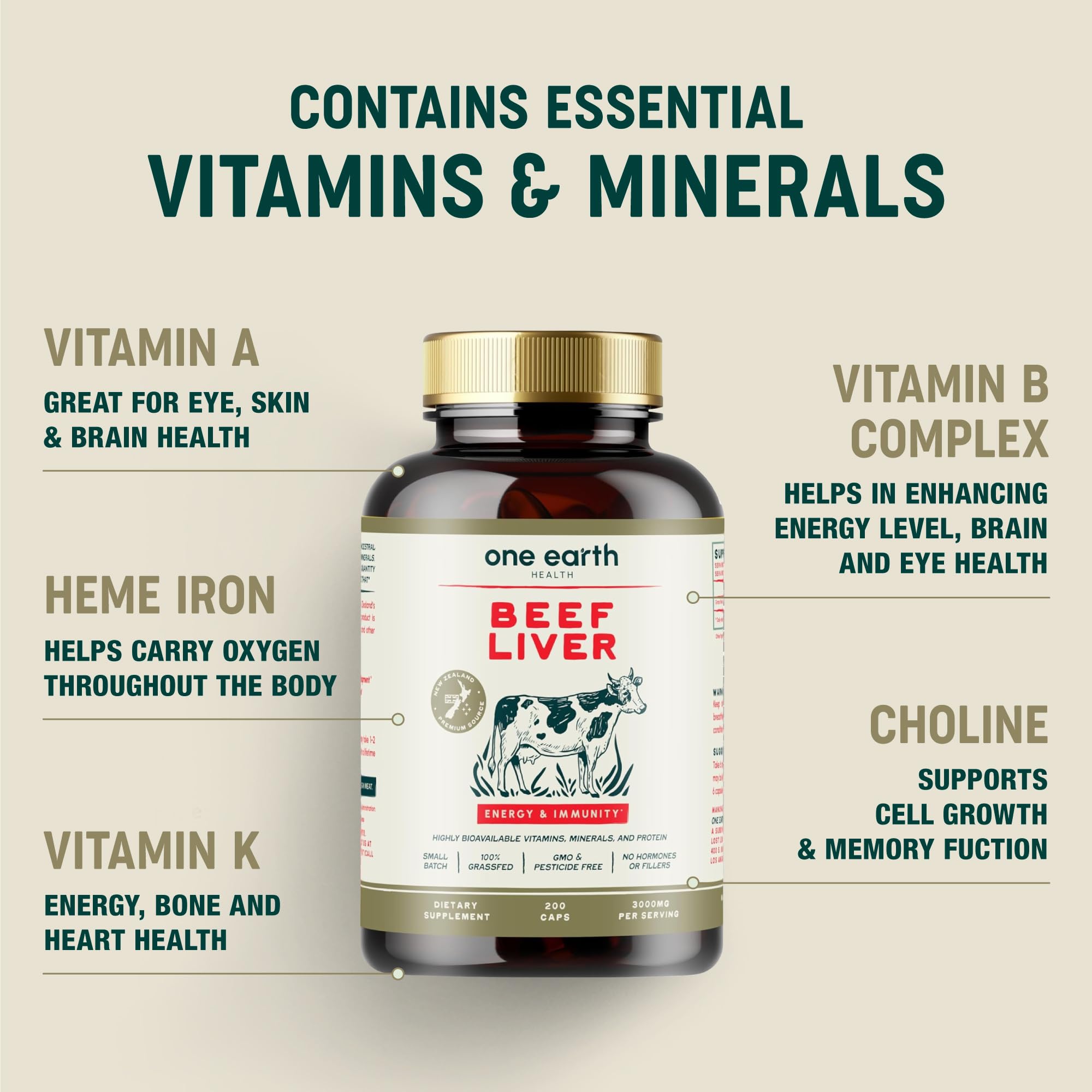 One Earth Health Beef Liver Capsules 3000mg bottle with label
