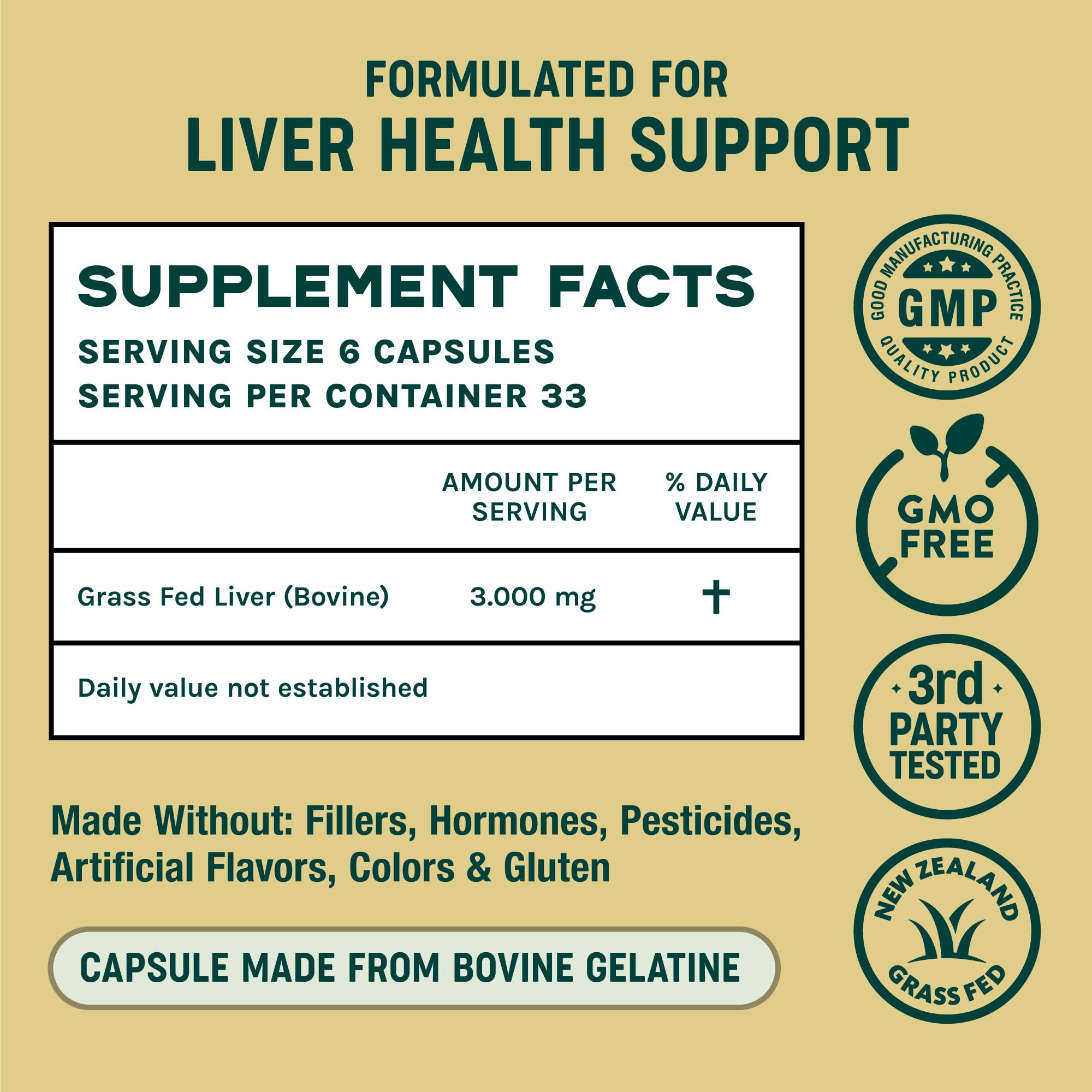 One Earth Health Beef Liver Capsules 3000mg on a wooden table