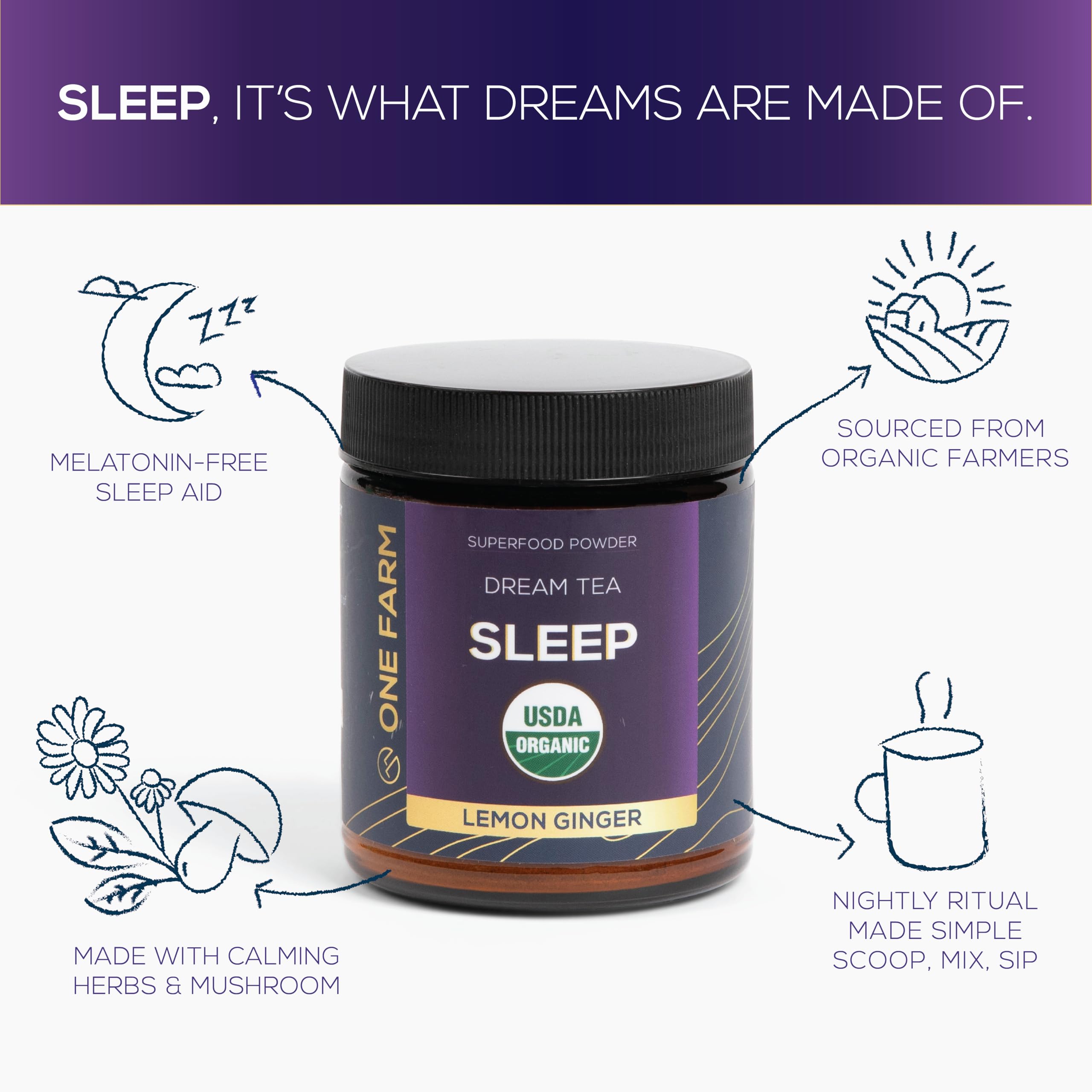 One Farm Dream Tea Sleep Powder in a cup with chamomile flowers