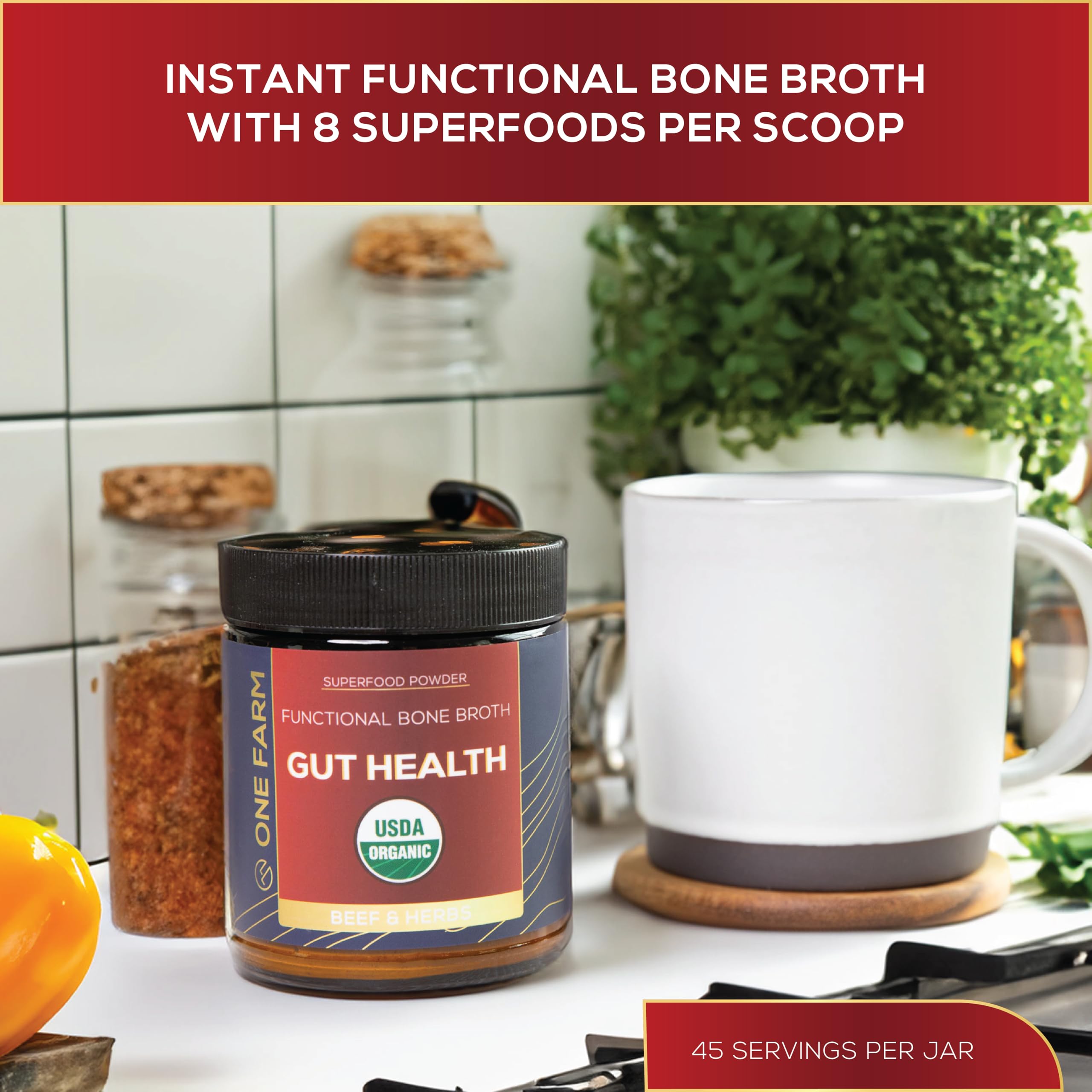 One Farm Organic Bone Broth Superfood Blend packaging details