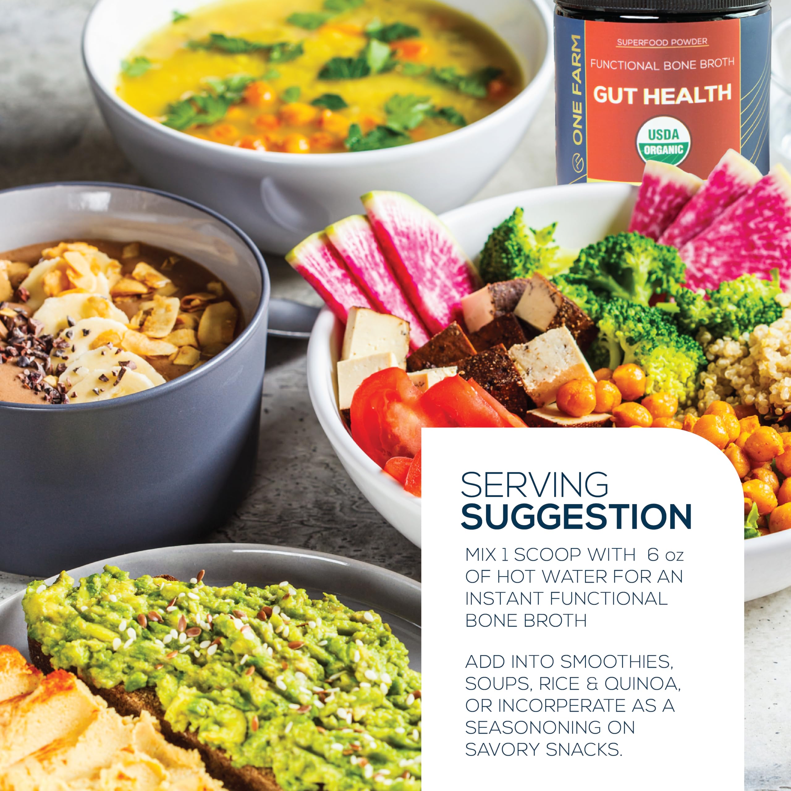 One Farm Organic Bone Broth Superfood Blend with a scoop