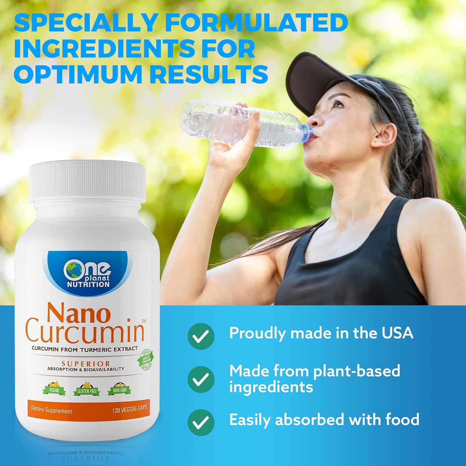 One Planet Nutrition Nano Curcumin 500mg bottle with measuring spoon