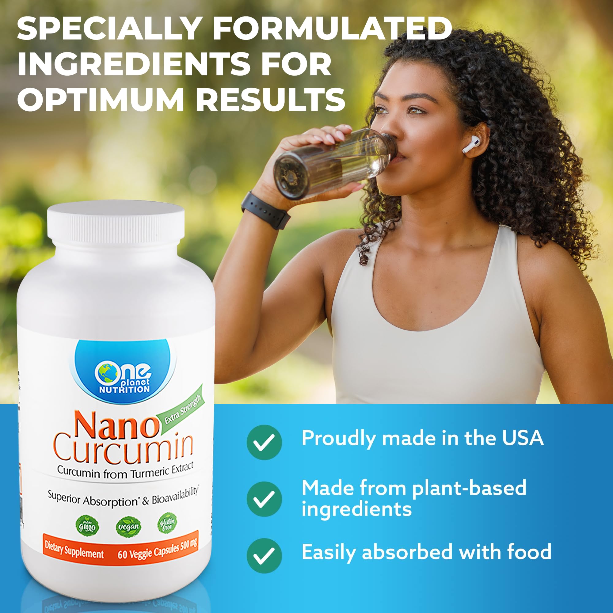 One Planet Nutrition Nano Curcumin Capsules 500mg with measuring spoon