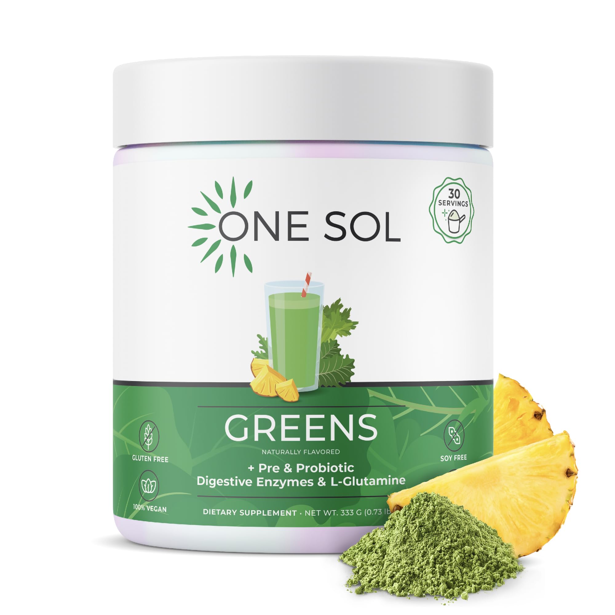 One Sol Super Greens Powder 276g front view with packaging