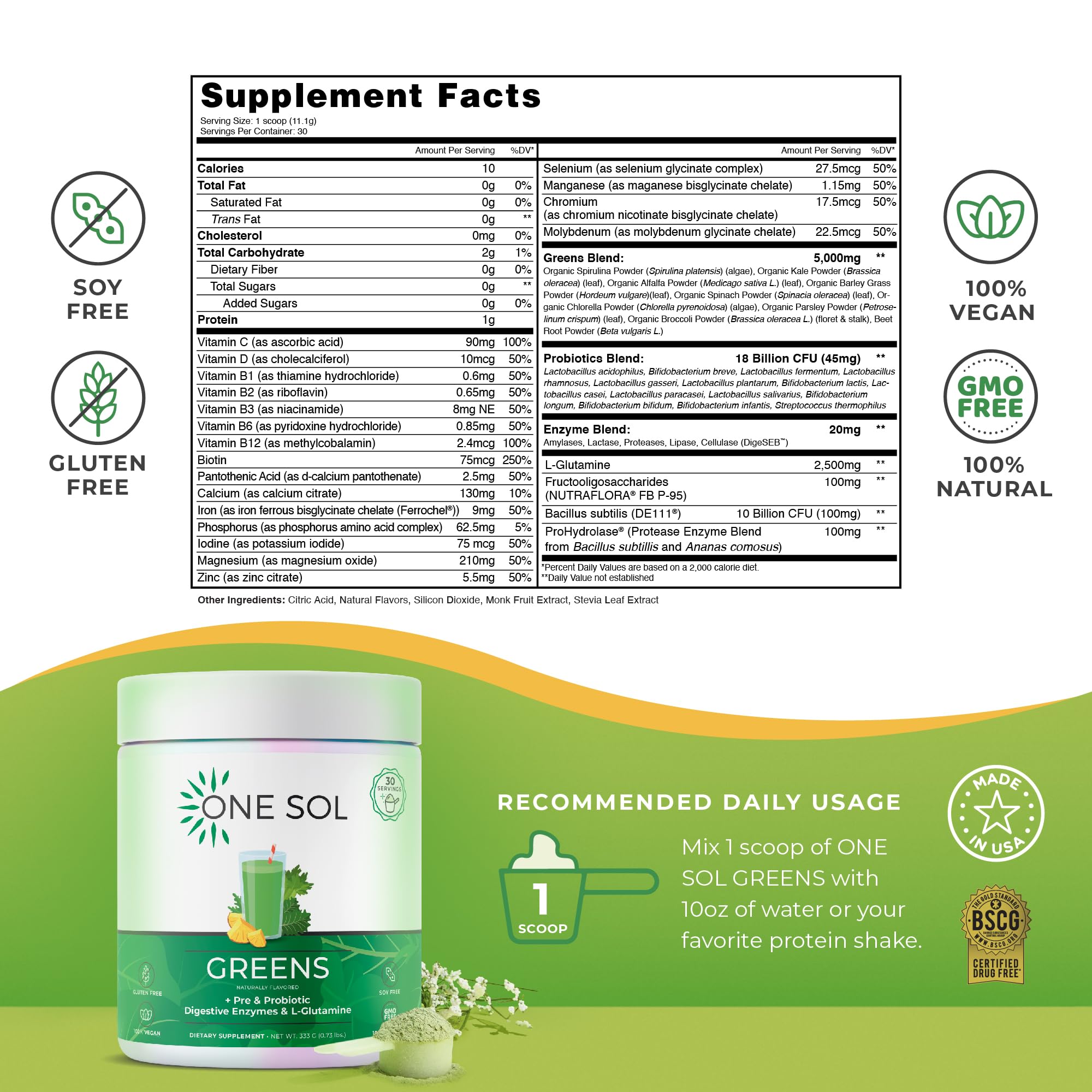 One Sol Super Greens Powder 276g mixed in a glass of water