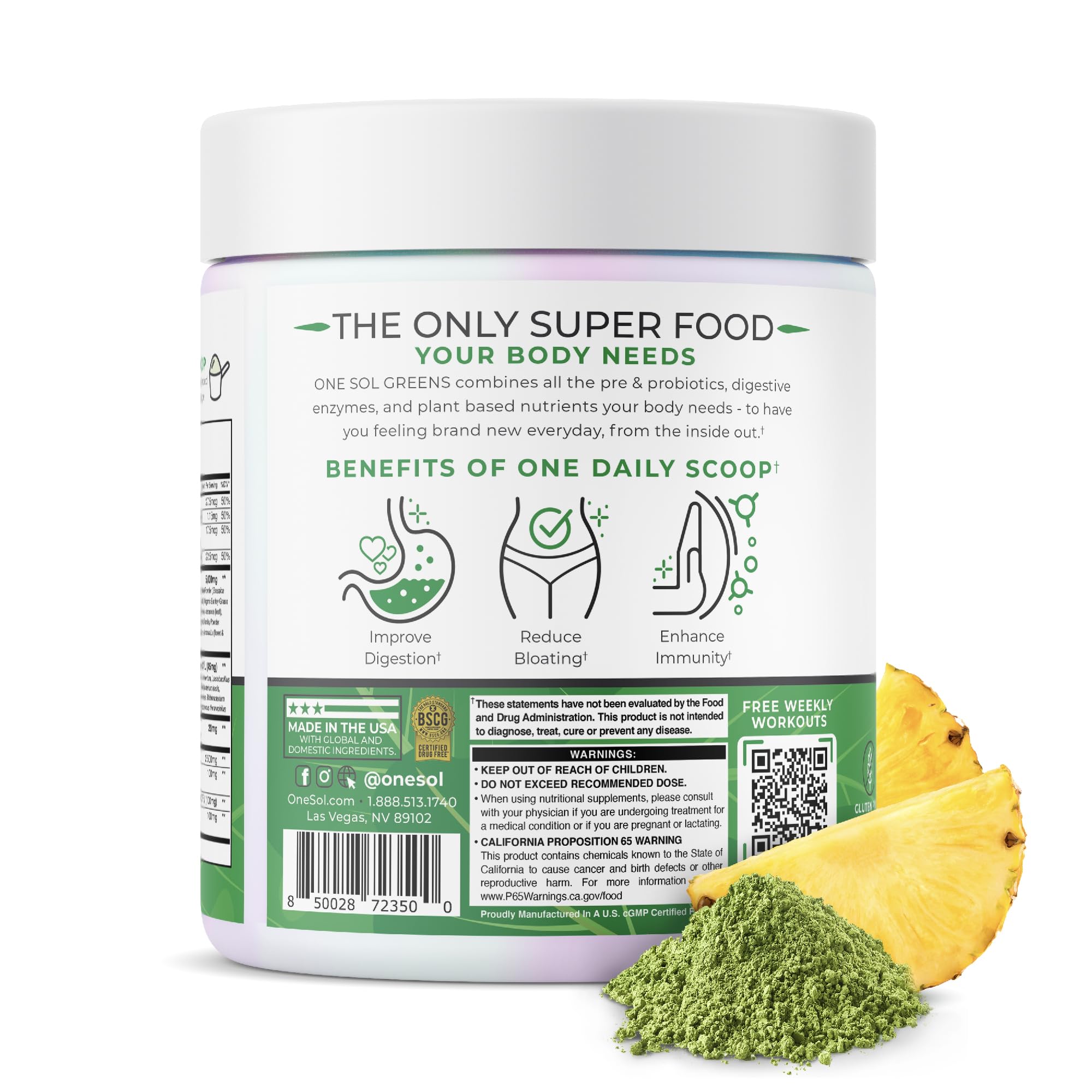 One Sol Super Greens Powder 276g nutritional information on packaging