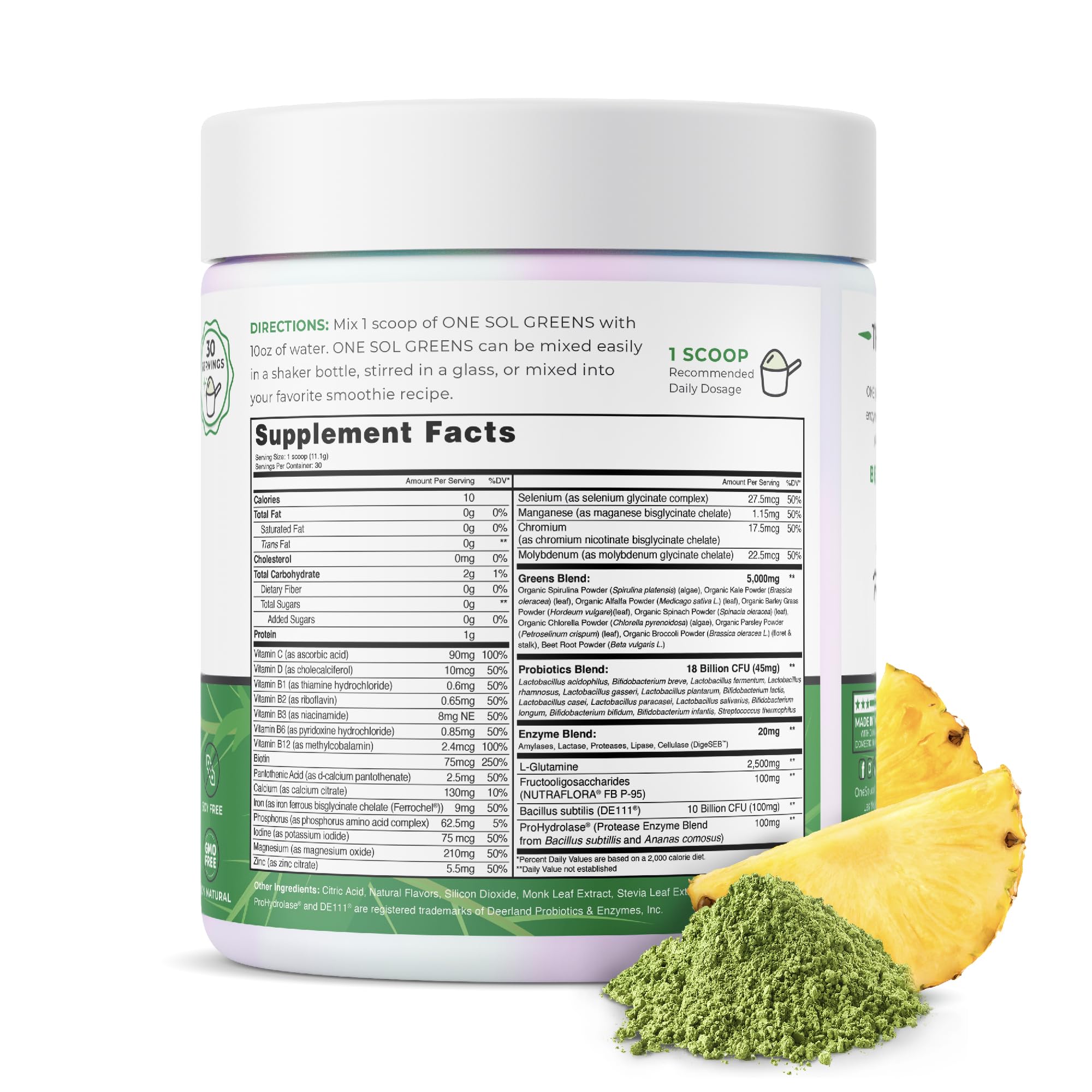 One Sol Super Greens Powder 276g scoop showing powder texture