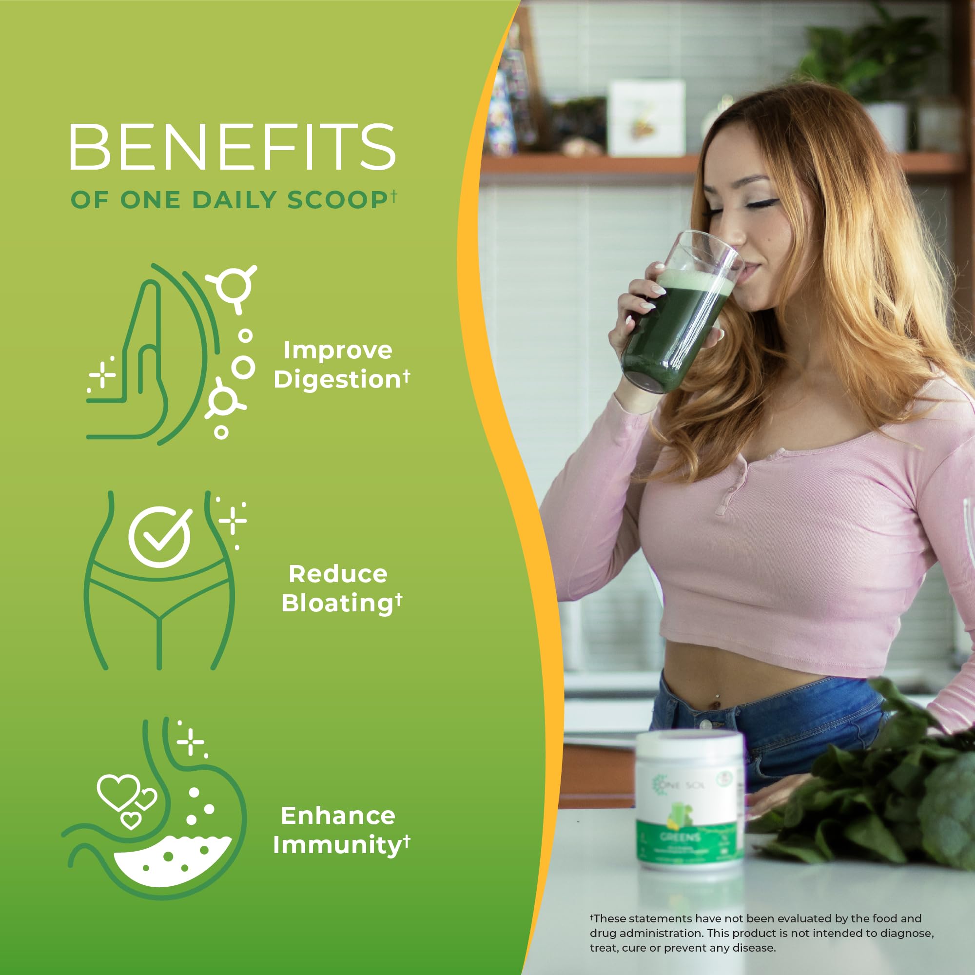 One Sol Super Greens Powder 276g with fresh fruits and vegetables