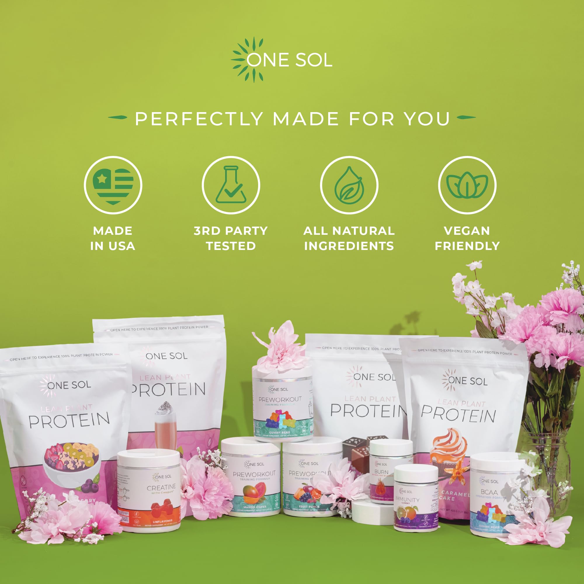 One Sol Super Greens Powder 276g with measuring scoop on a kitchen counter