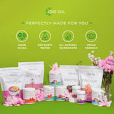 One Sol Super Greens Powder 276g with measuring scoop on a kitchen counter