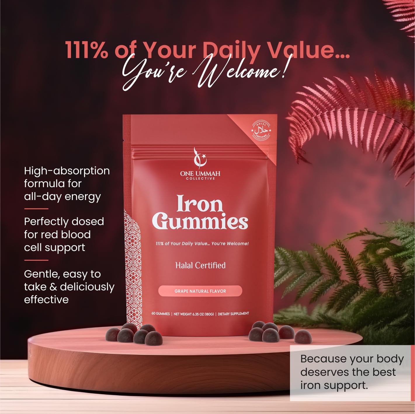 One Ummah Iron Gummies packaging displayed on a wooden table
