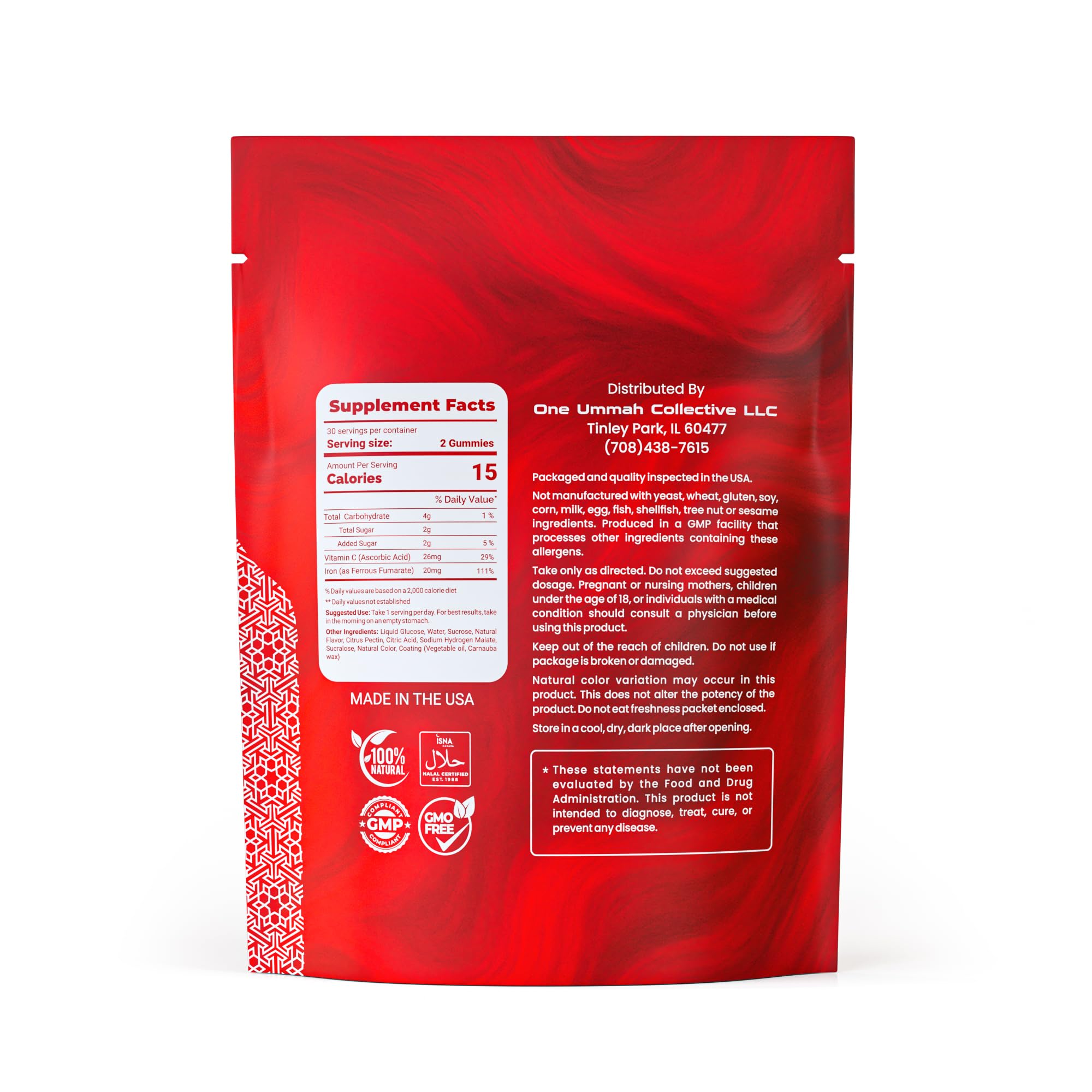 One Ummah Iron Gummies side view with nutritional information