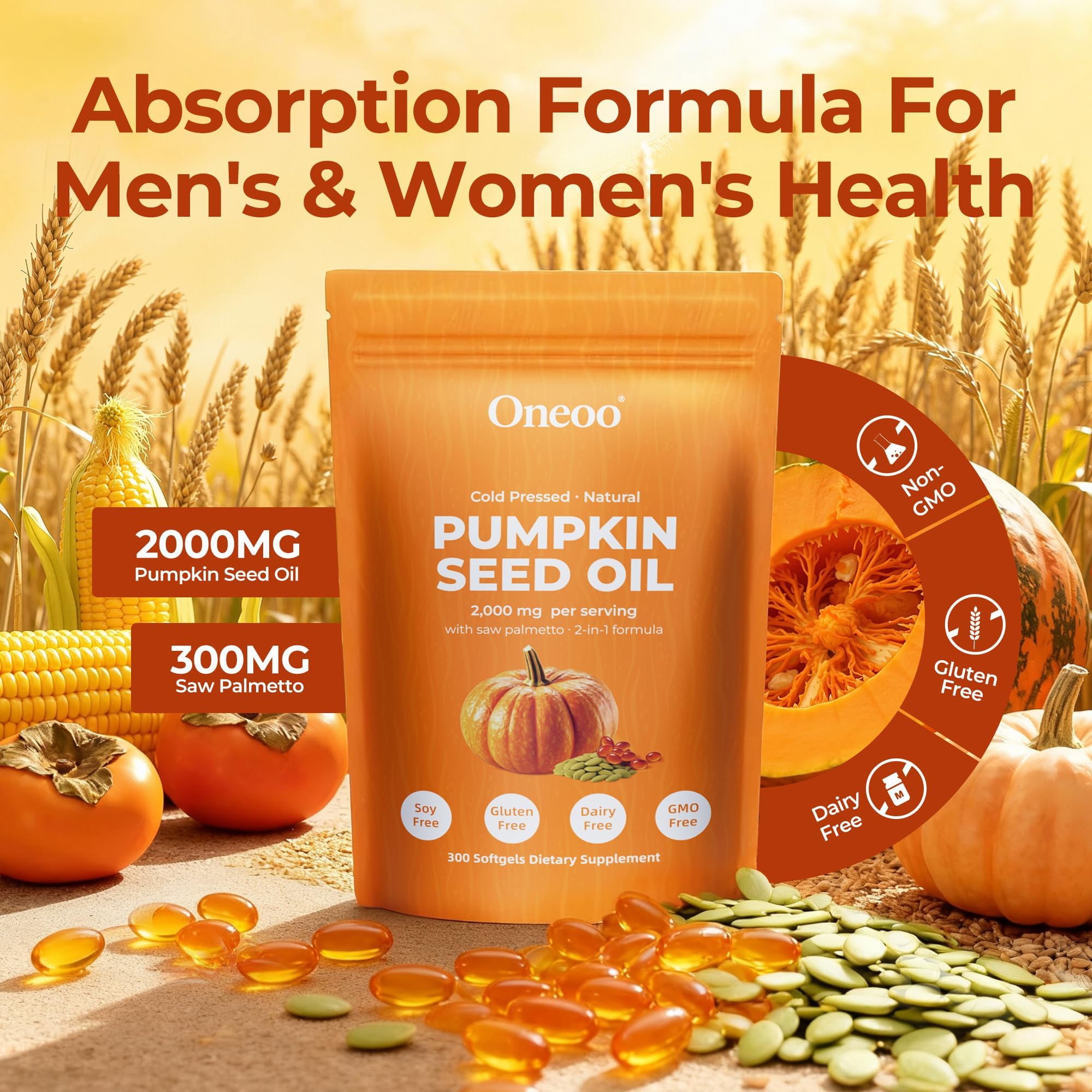 Oneoo Pumpkin Seed Oil Softgels back view of packaging