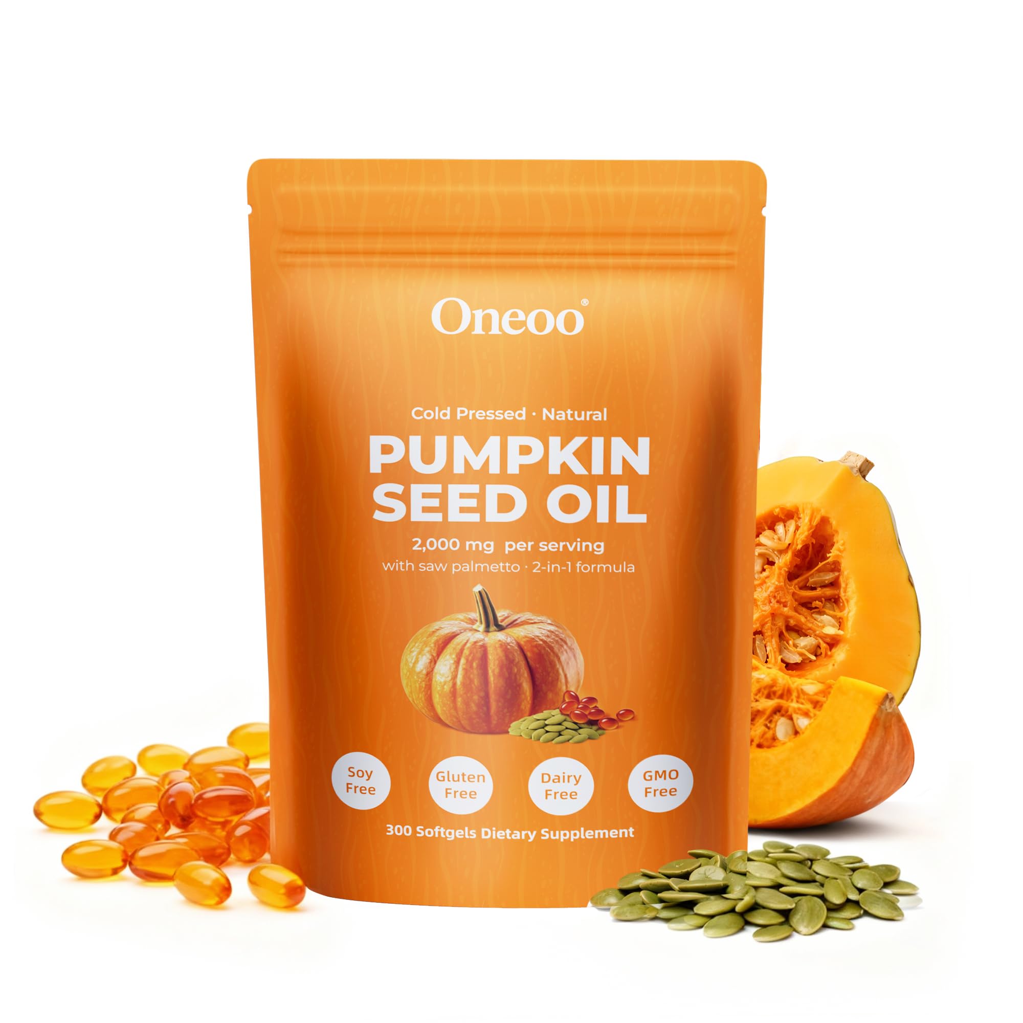 Oneoo Pumpkin Seed Oil Softgels front view of packaging