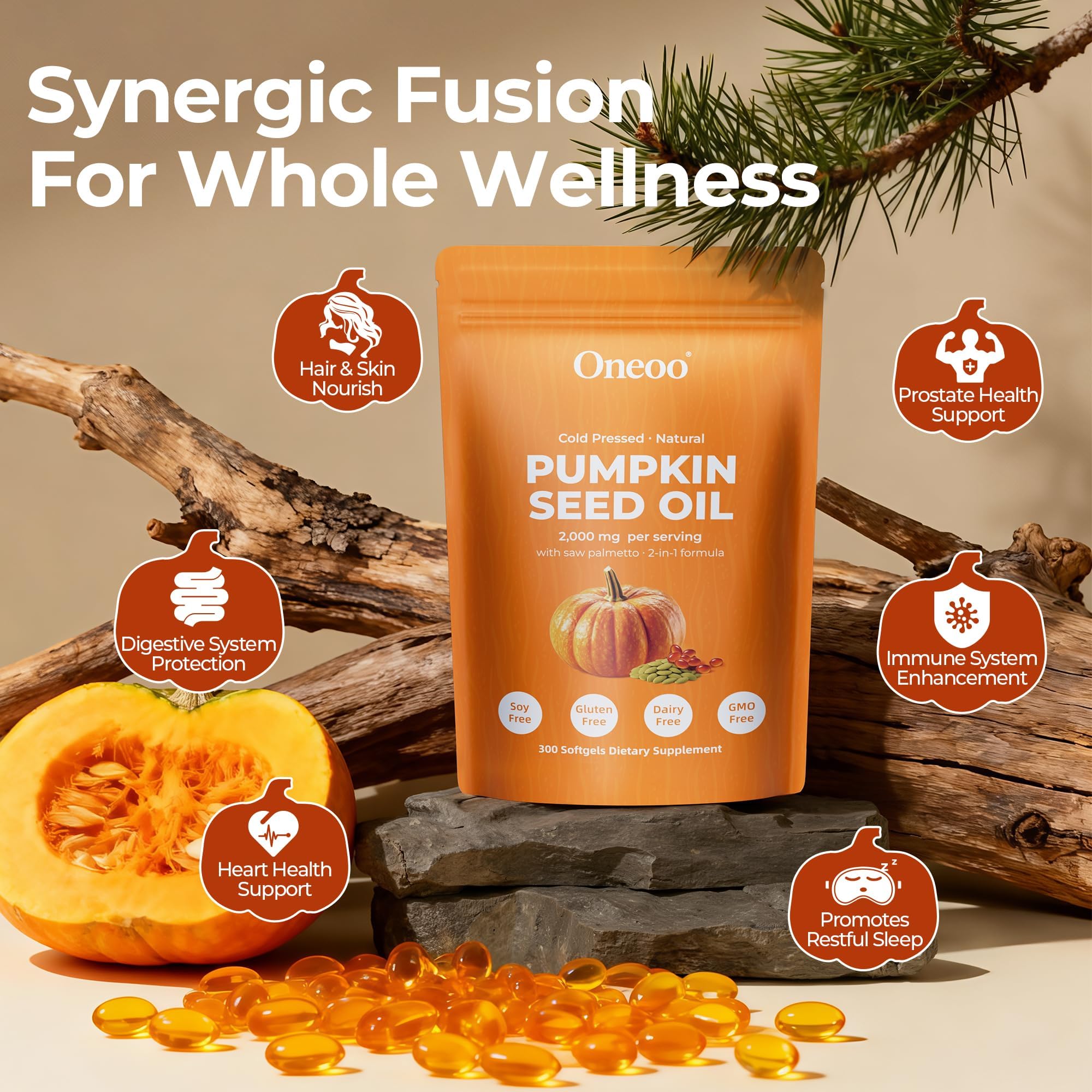 Oneoo Pumpkin Seed Oil Softgels opened pouch showing softgels
