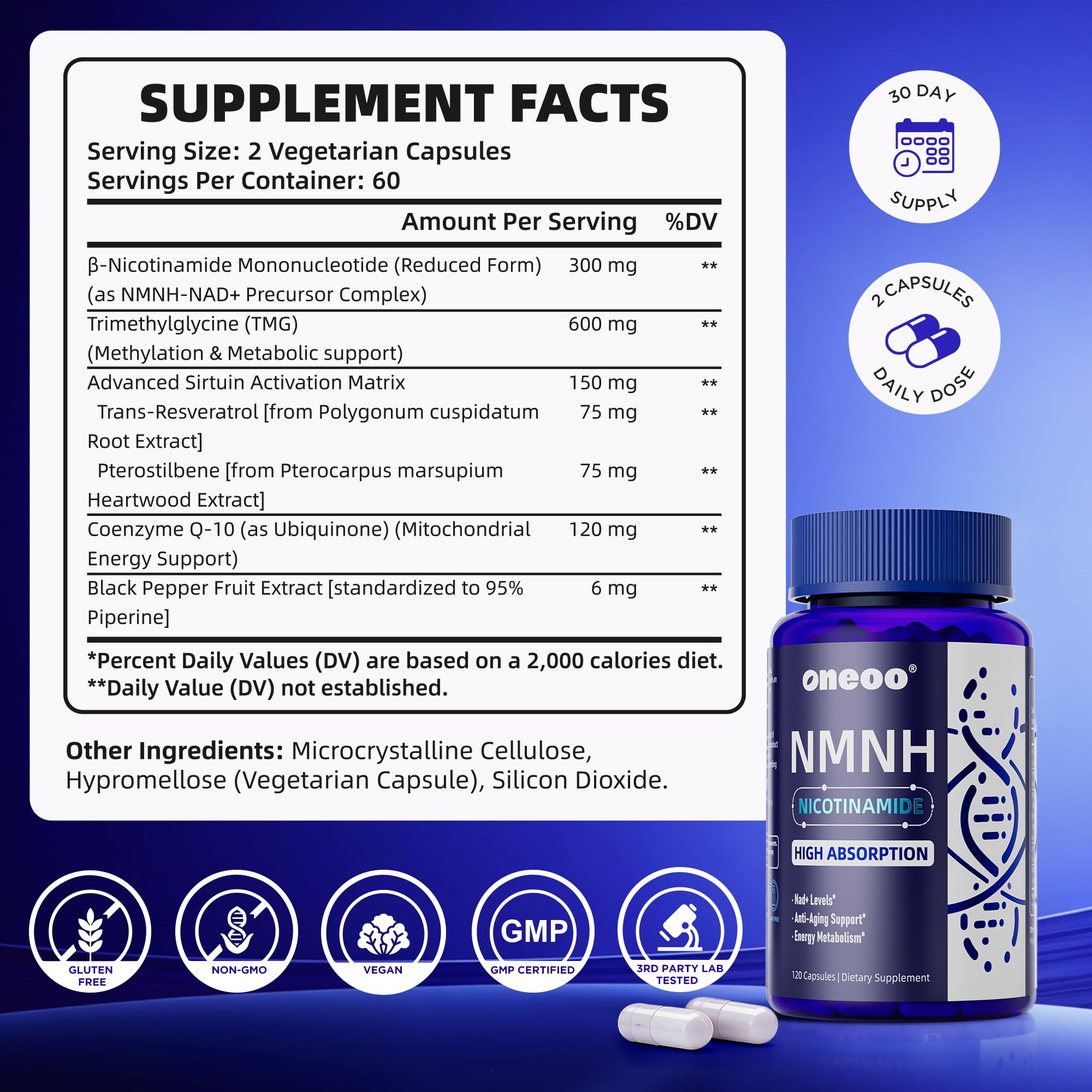Oneoo Resveratrol Supplement 300mg back view with ingredient list
