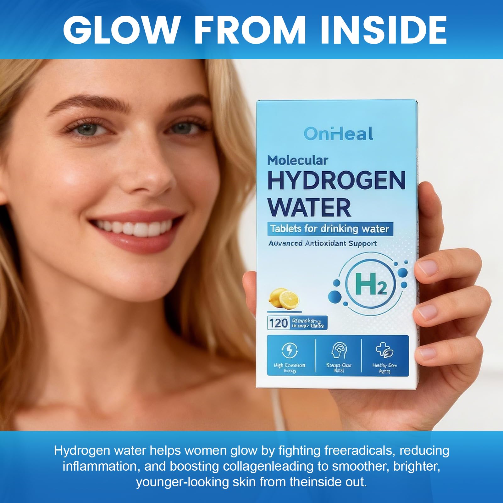 OnHeal Hydrogen Water Tablets displayed on a kitchen counter