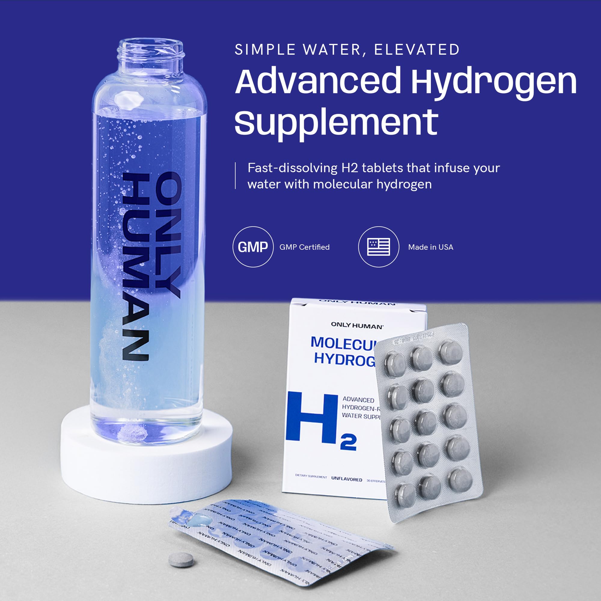 ONLY HUMAN Hydrogen Tablets back view with ingredient list