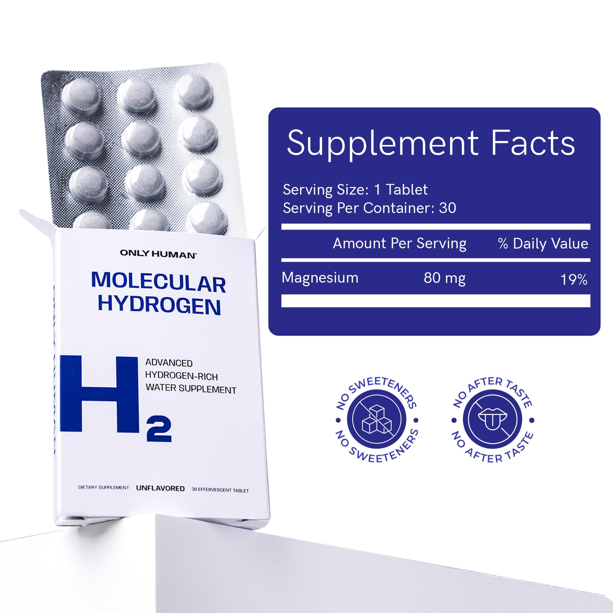 ONLY HUMAN Hydrogen Tablets on a kitchen counter