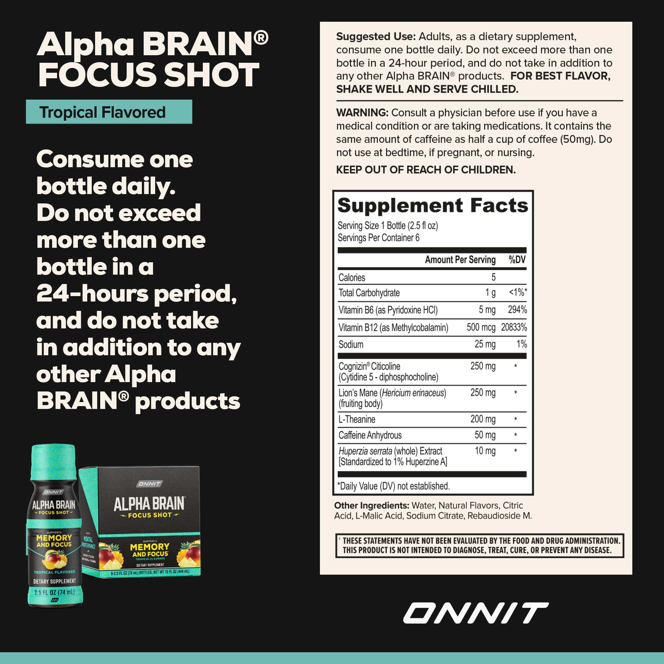 ONNIT Alpha BRAIN Focus Shot bottle with label details