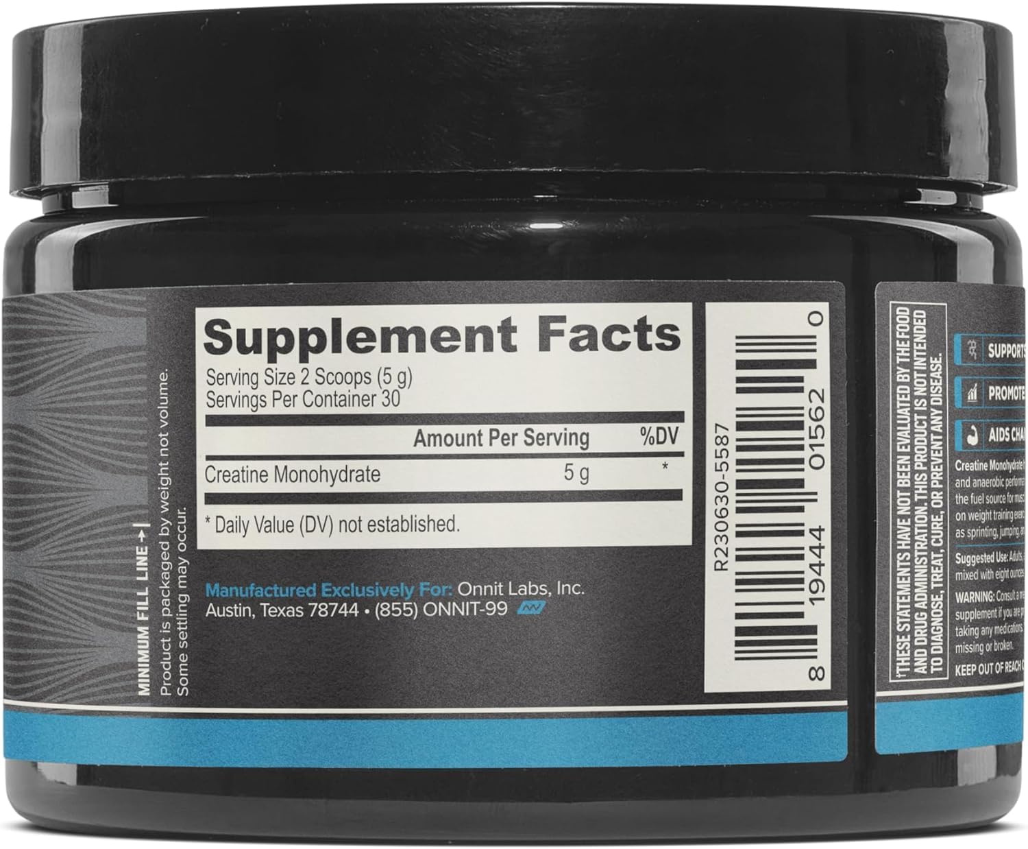 ONNIT Creatine Monohydrate Powder side view with serving scoop