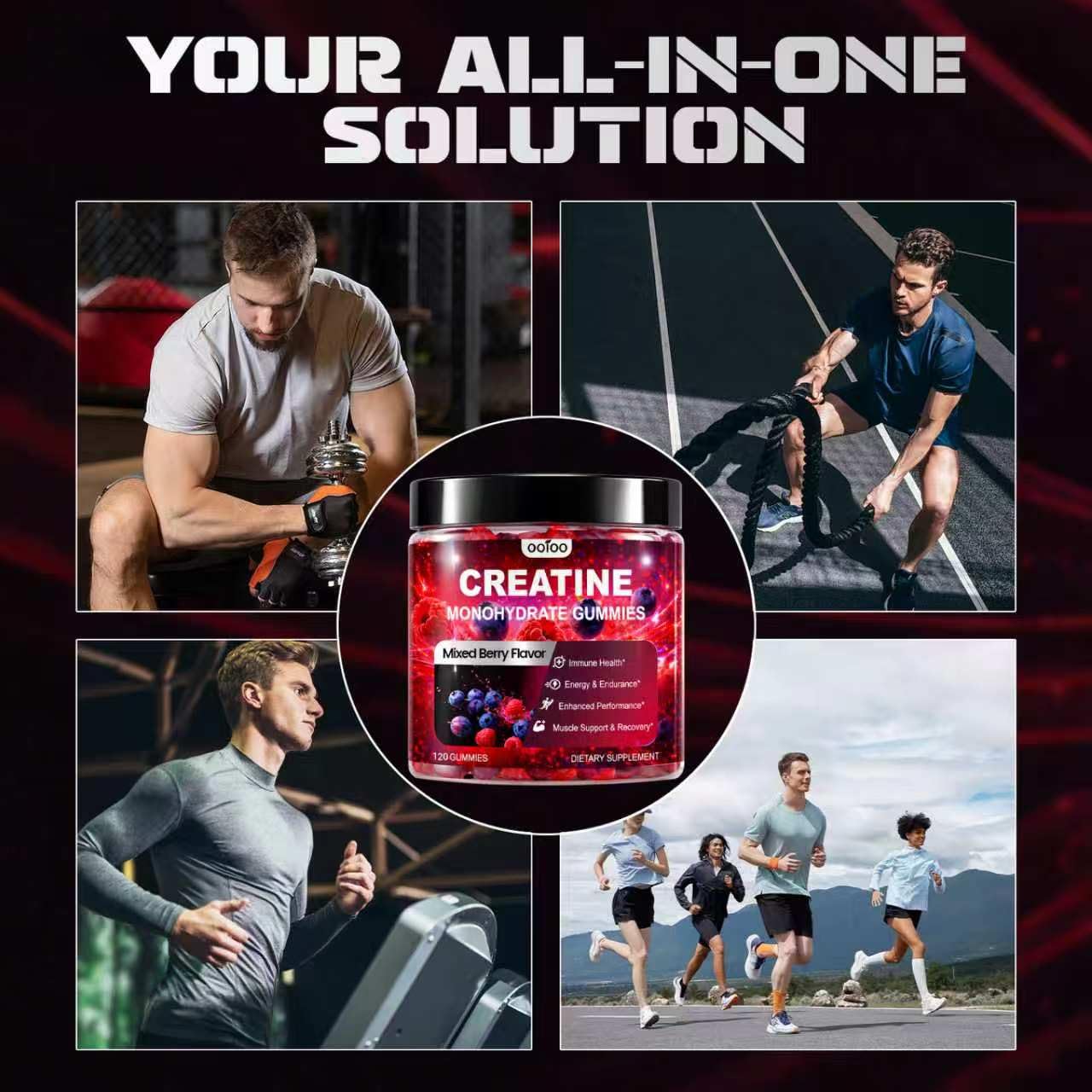 ooioo Creatine Monohydrate Gummies displayed with fitness gear