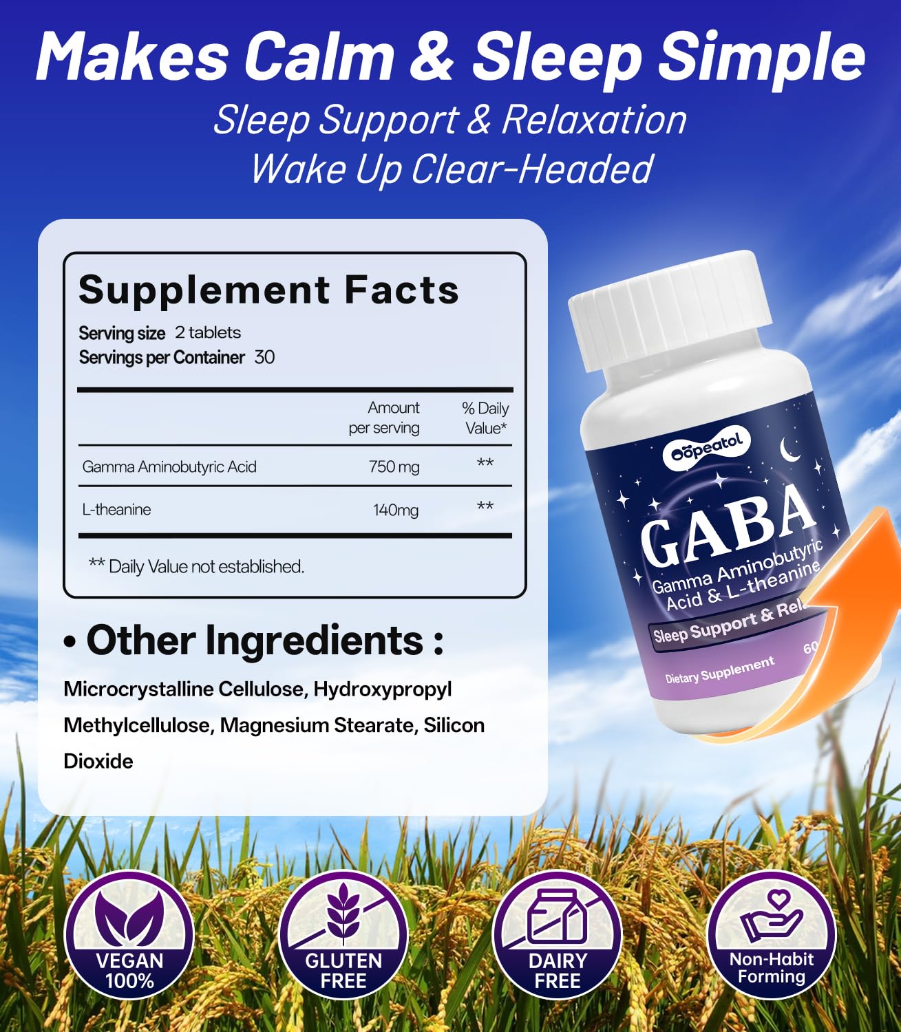 Oopeatol GABA Complex L-Theanine 890mg supplements on a wooden table