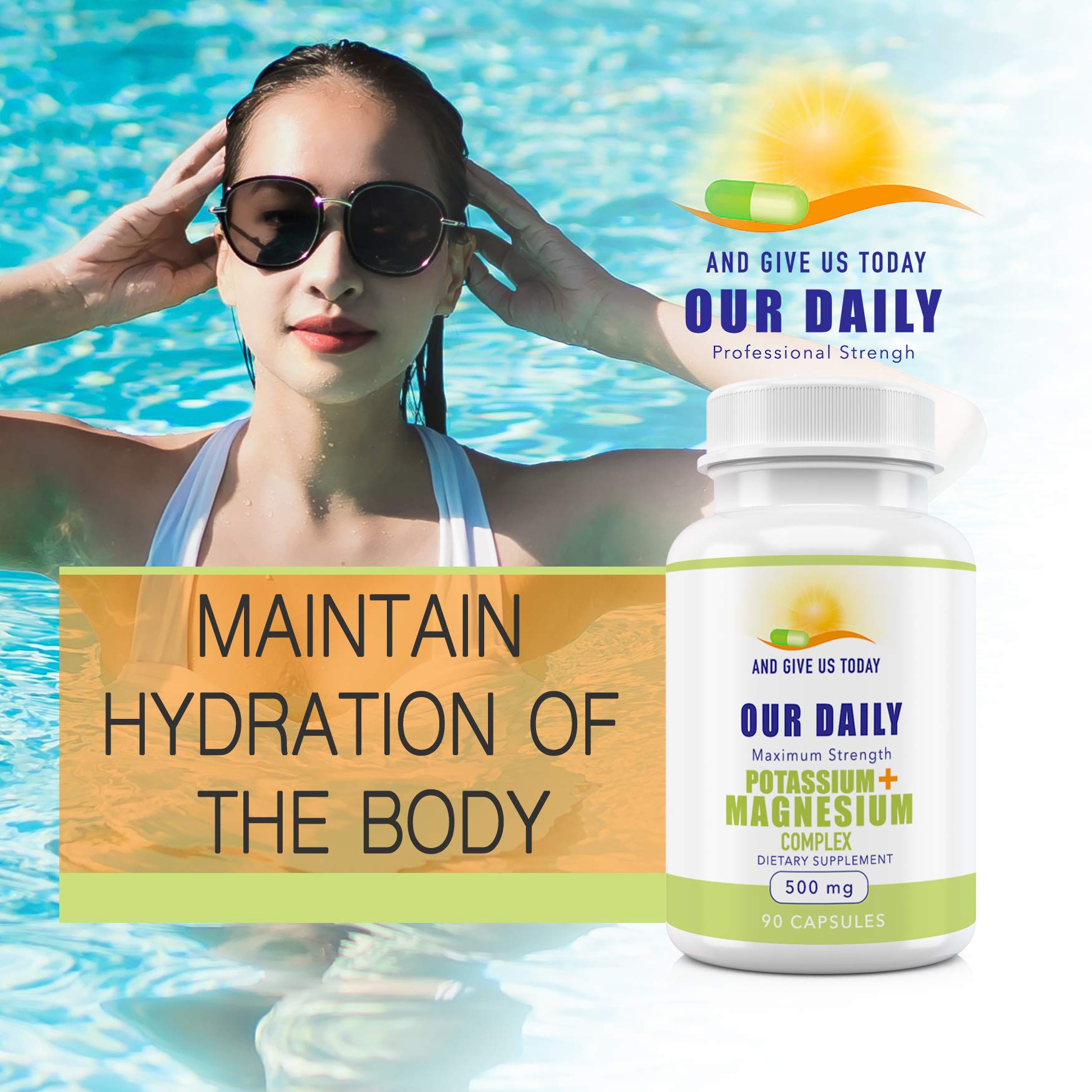 Open bottle of AND GIVE US TODAY OUR DAILY Magnesium + Potassium Capsules